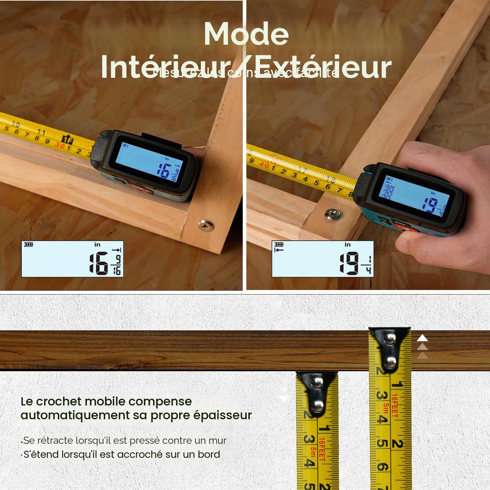 ACPOTEL Mètre Ruban Numérique 4,88 m, 6 unités métriques＆impériales, lecture facile, rétractable, avec fractions au 1/16, rechargeable, pour Distance/Surface/Volume, Jaune