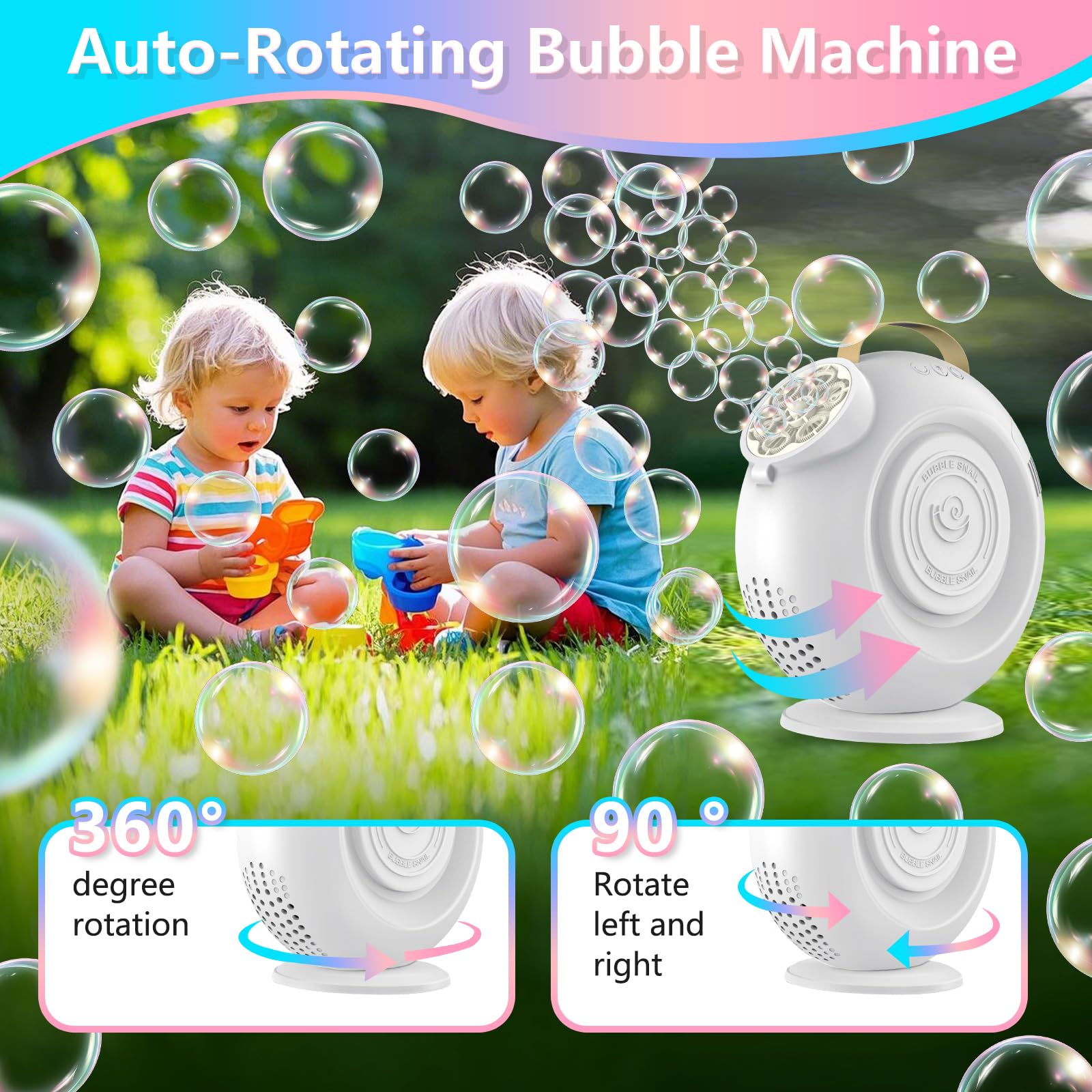 Machine à Bulles Rechargeable pour Enfants - Plus de 15 000 Bulles/Min, Rotation Auto 90°/360° avec lumière LED. Capacité 500 ML, 2 Vitesses. Idéale pour fêtes en extérieur, Mariages, Anniversaires