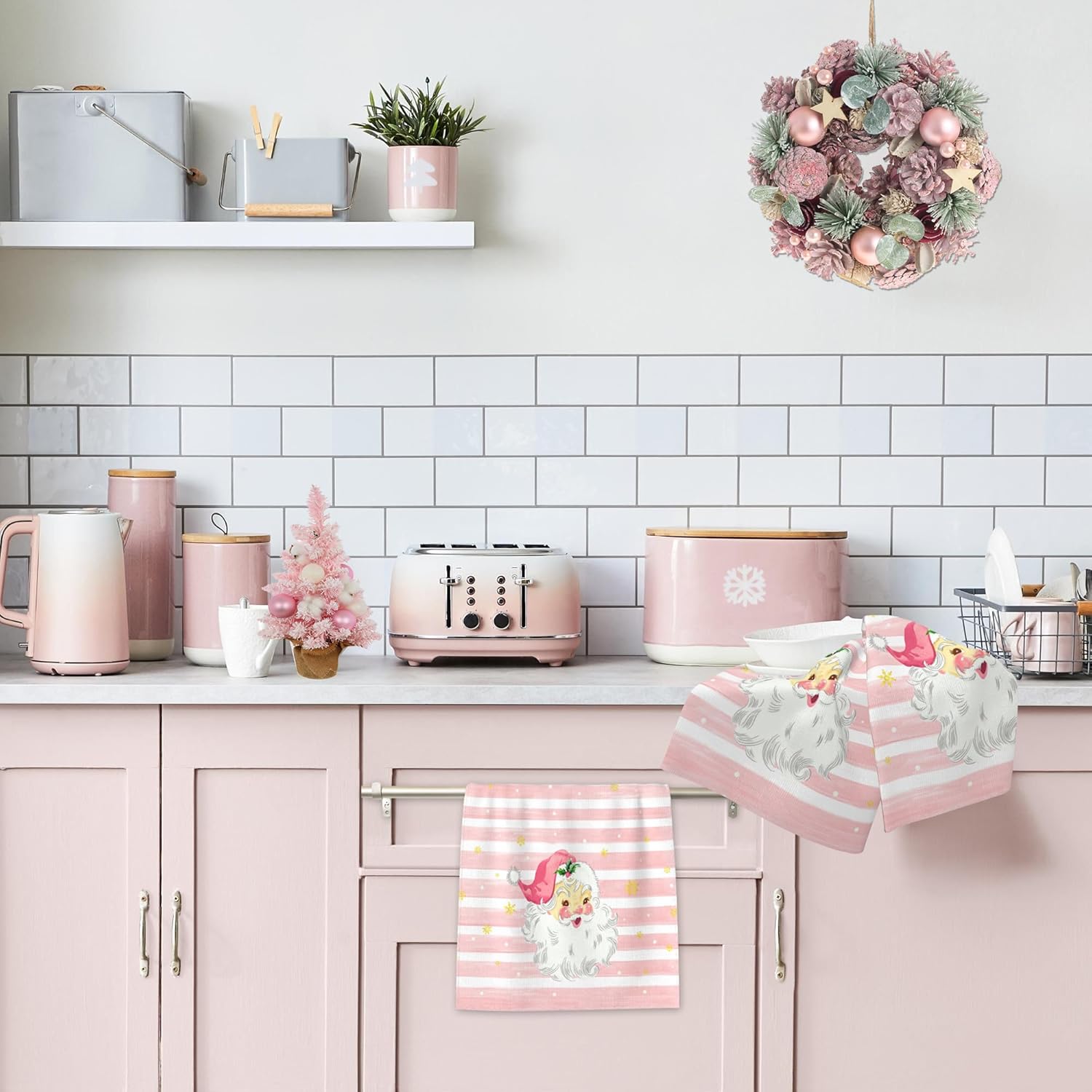 Xmas Santa Claus Kitchen Dish Towels, 2 PC Winter Christmas Decoration Hand Towels, Snowflake Pink Stripes Tea Towels, 26x18 Inch Hand Towels for Cooking Baking - Image 5