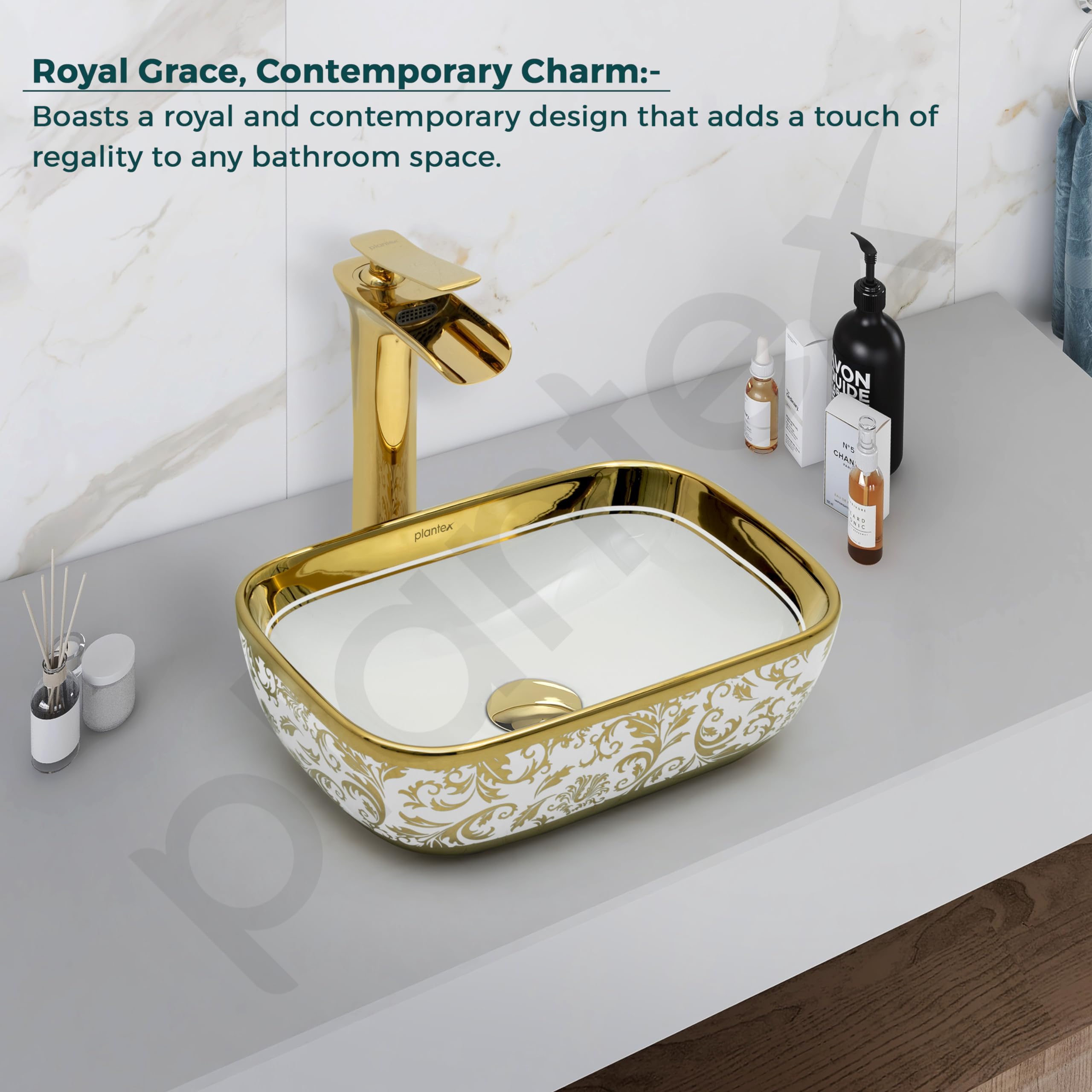 Plantex Ceramic Basin for Bathroom/Designer TableTop Wash Basin/Bathroom Vessel Sink/Washbasin - White & Gold (14.1 x 9 x 5 Inch) 3