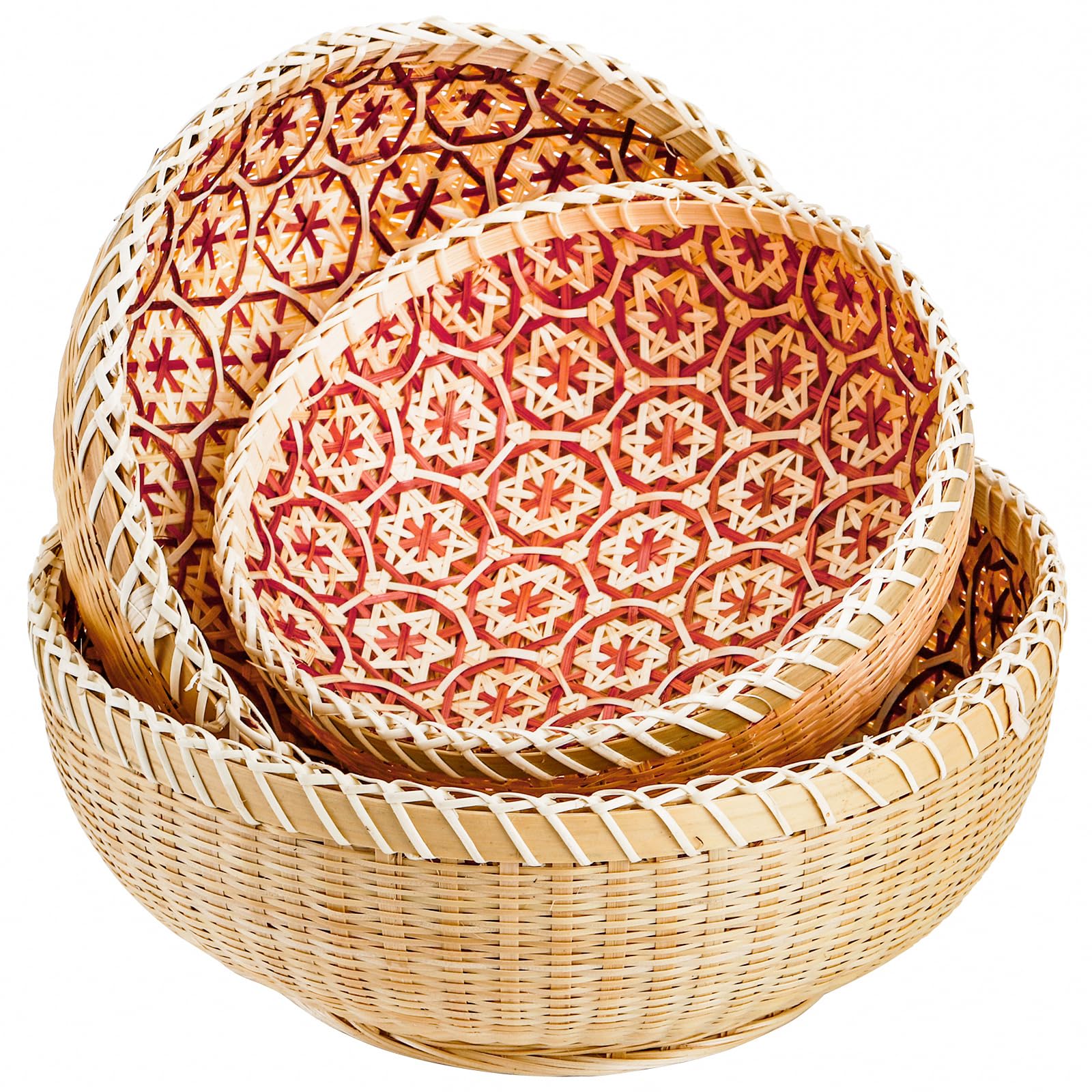 Elsjoy Set of 3 Round Wicker Fruit Baskets, Kitchen Wicker Woven Bread Basket Stackable Rattan Serving Basket Set for Home Decor