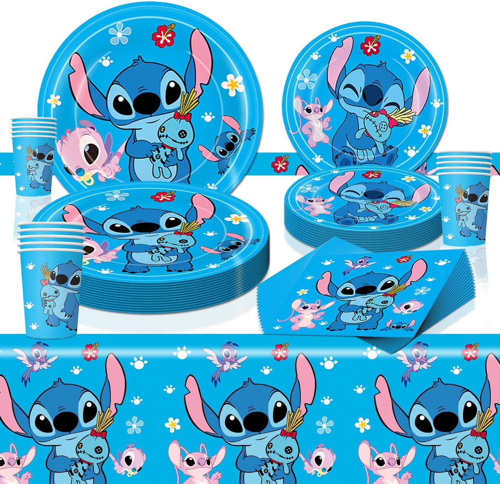 69Pcs Stich Paper Party Tableware Set,Stich and His Amazing Friends Plates Paper Cups Napkins Serviettes Stich Themed Table Cloth for Kids Girls Boys Birthday Party Table Decor