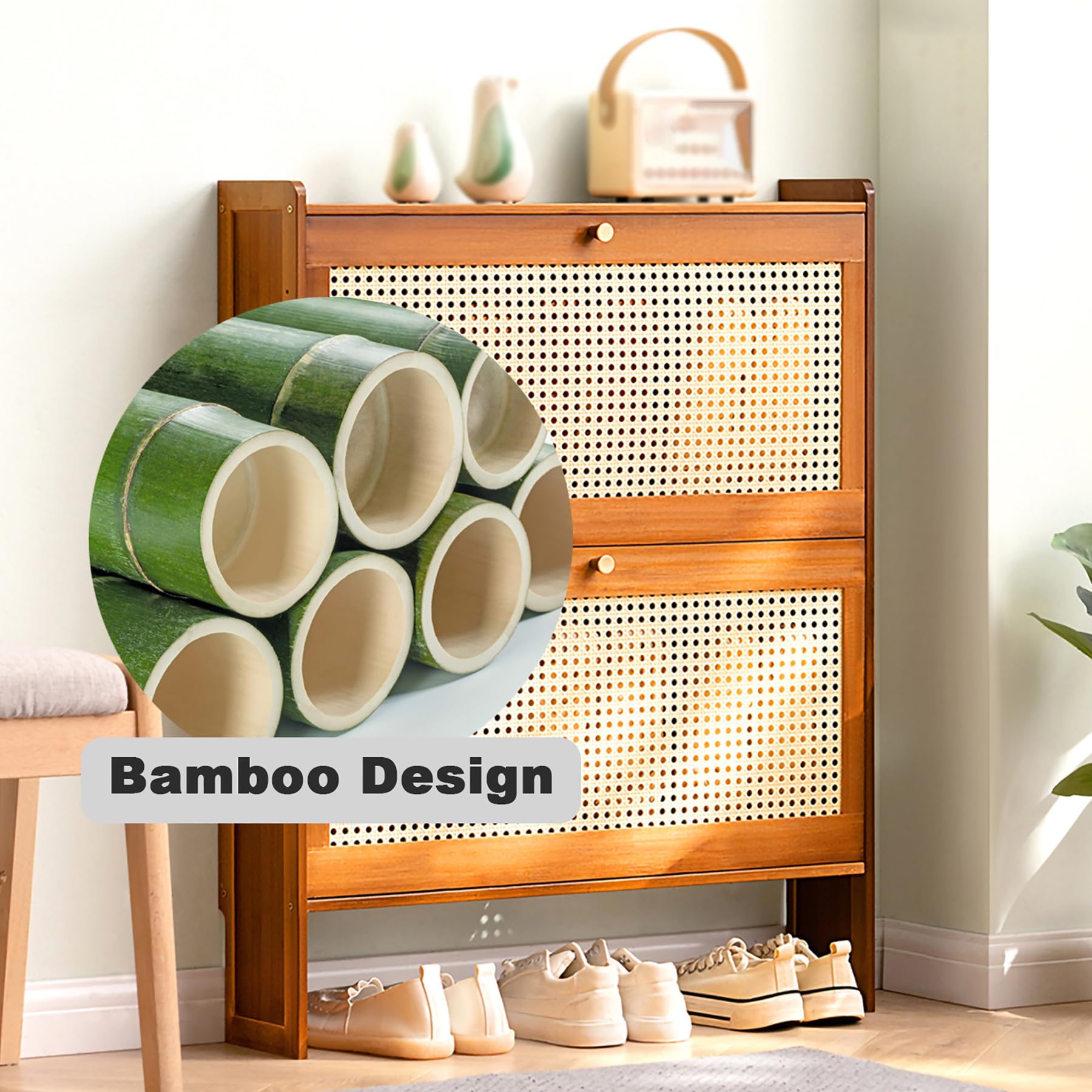 Armario para Zapatos De Bambú Fino con Puertas Abatibles Armario Independiente para Calzado 17cm Estrecho Y Delgado Independiente Almacenamiento Oculto para Entrada,Natural,70×17×87cm
