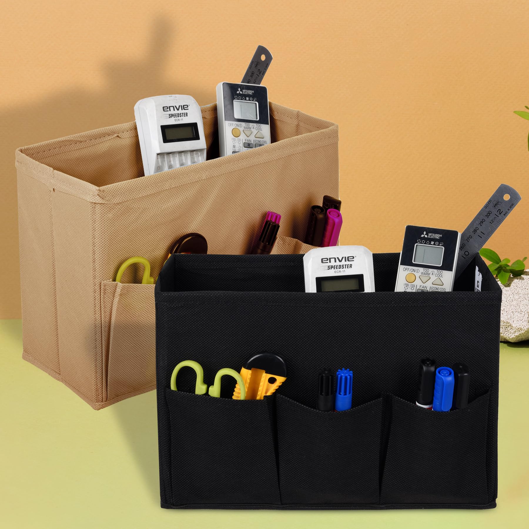 Kuber Industries Stationary Box | Non-Woven Files Organizer for Office | Desk Organizer | Stationary Organizer with 3 Compartment | Storage Box | Small | Pack of 2 | Multicolor-picture-21