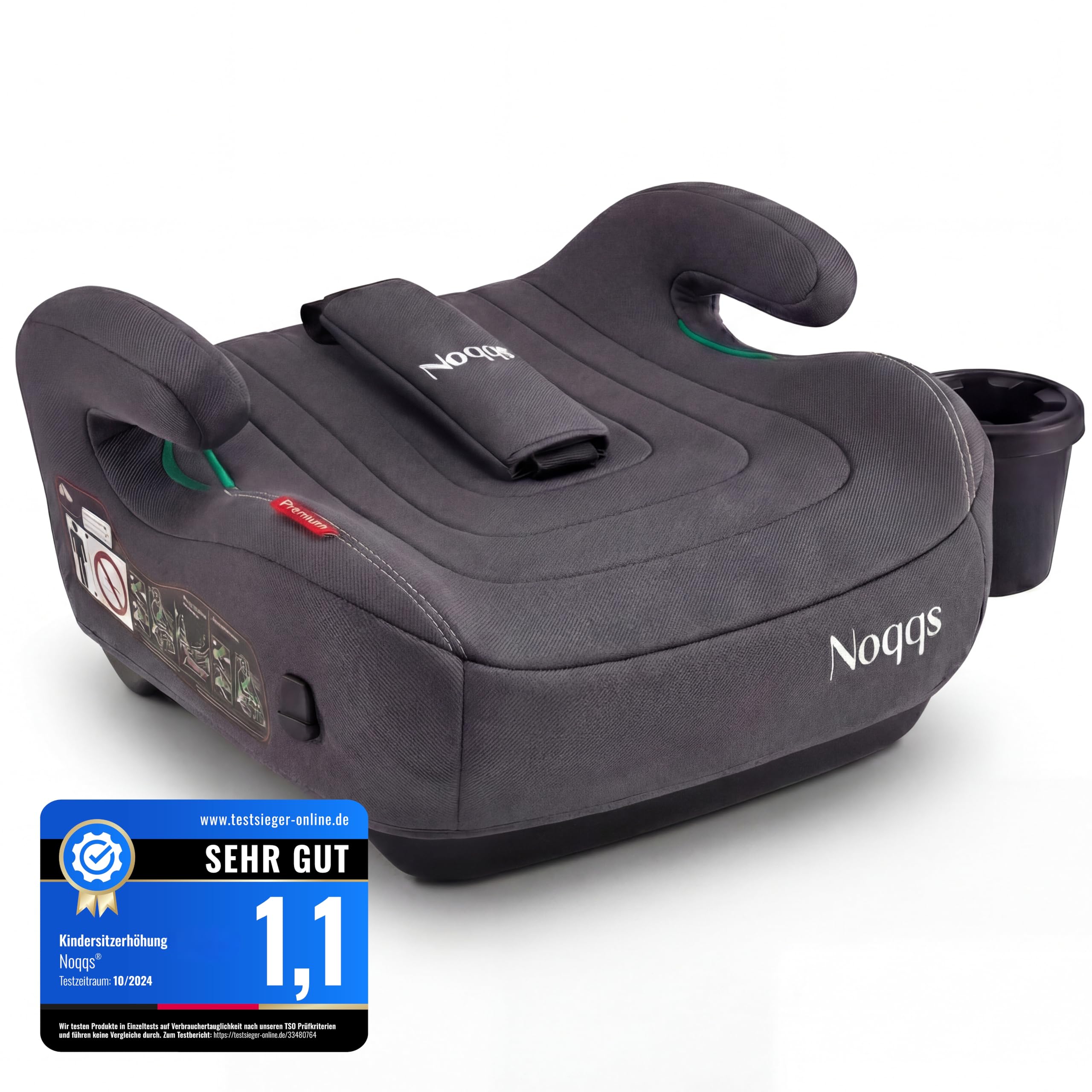 Noqqs® Premium Kindersitzerhöhung Auto ohne ISOFIX – ECE R129 i-Size 125–150 cm – extra breit & gepolstert – inkl. Gurtpolster & Getränkehalter – Grau