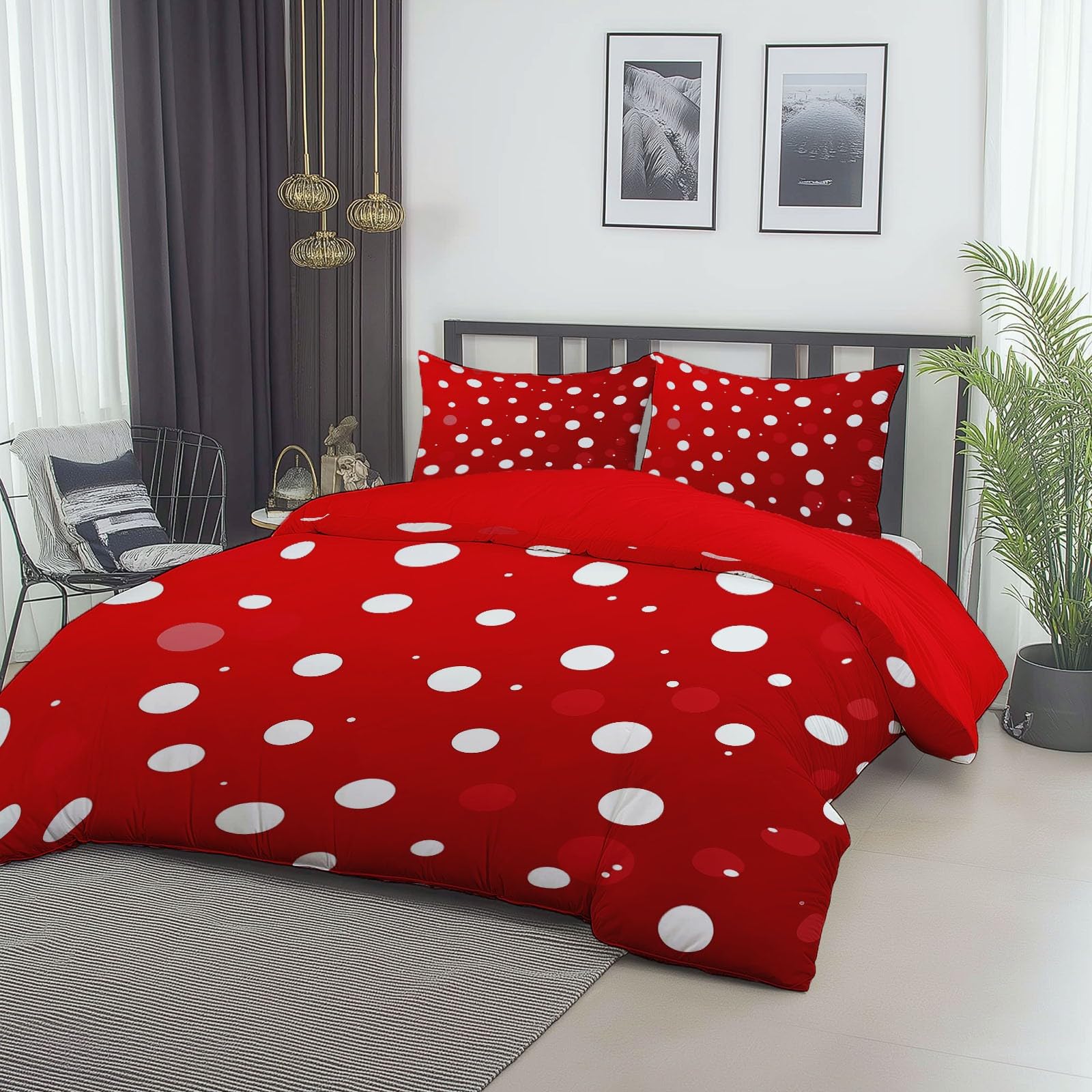 Poszwa na kołdrę 240x260 cm z mikrofibry, pojedynczy zestaw pościeli z geometrycznymi kółkami z 2 czerwonymi poszewkami na poduszki z nadrukiem Dwustronna poszwa na kołdrę na 4 pory roku