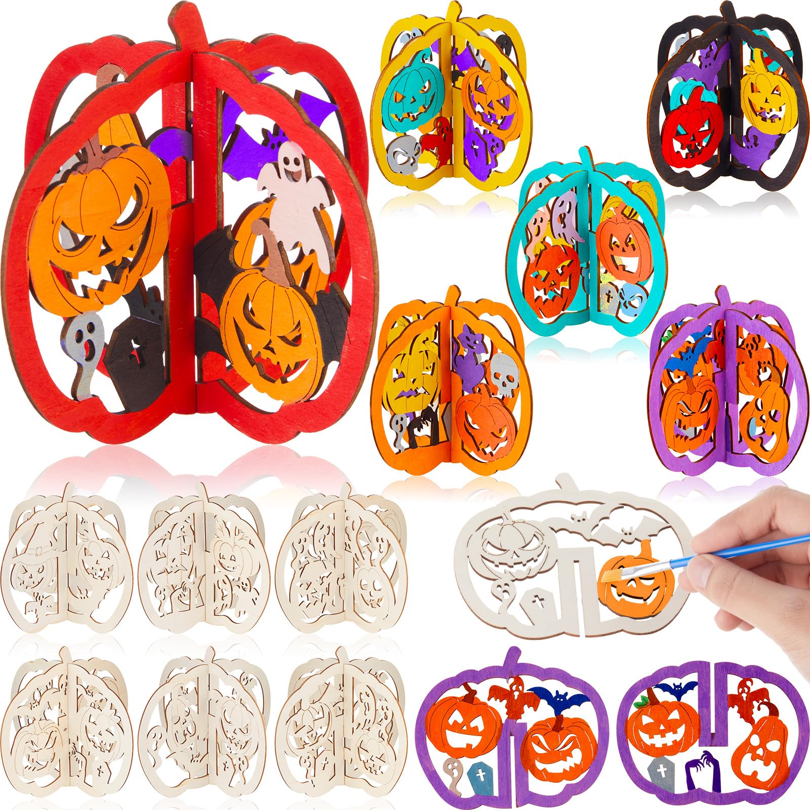 AceOrbit 24 Pcs Halloween Wooden Crafts Kits Pumpkin DIY 12 Sets Unfinished Pumpkin Pieces 3D Coloring Blank Wood Cutouts Freestanding for Table Decorations Arts Party(4.72 X 3.54,Whimsical)