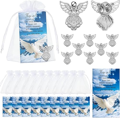 Geosar Juego de 25 pines conmemorativos de ángel, fichas de bolsillo funerarias, guardián, ángel, tarjetas de poema con bolsas de organza, regalos