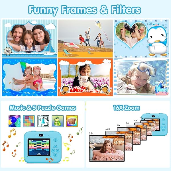 Macchina Fotografica Bambini Istantanea, 2,4 Pollici 1080P Fotocamera Bambini Selfie con Carta da Stampa e 32GB Scheda, Giocattolo Regalo di Natale Bambino e Bambina 3 4 5 6 7 8 Anni (Blu) - 3