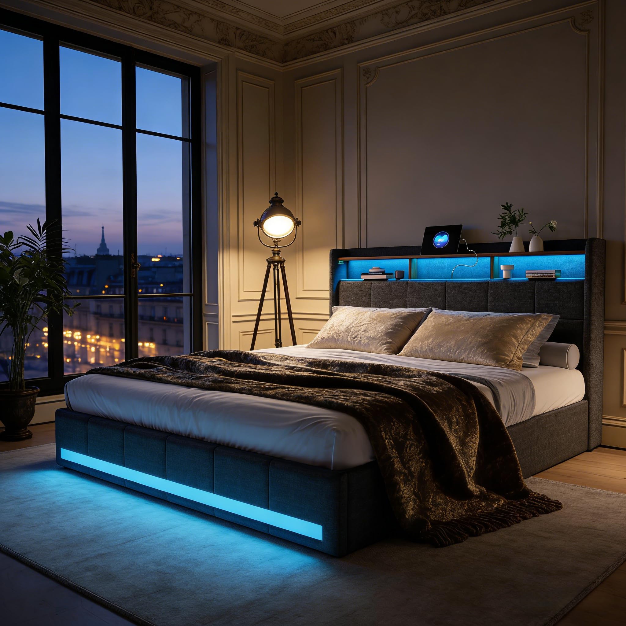 Boxspringbett 140x200 mit Lattenrost，Stilvolles Polsterbett mit Stauraum, 4 Schubladen, Individueller LED-Beleuchtung, USB und Typ-C-Anschlüssen, Modernes Graues Design für optimalen Komfort