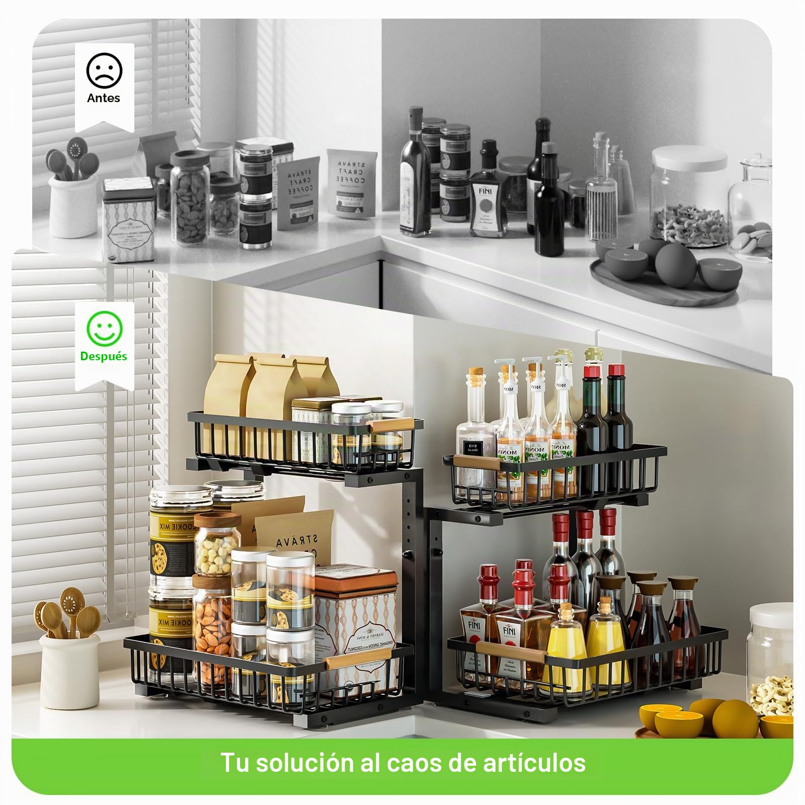 2 Paquete Organizador bajo Fregadero de altura ajustable, organizador de cocina extensible, acero al carbono, negro