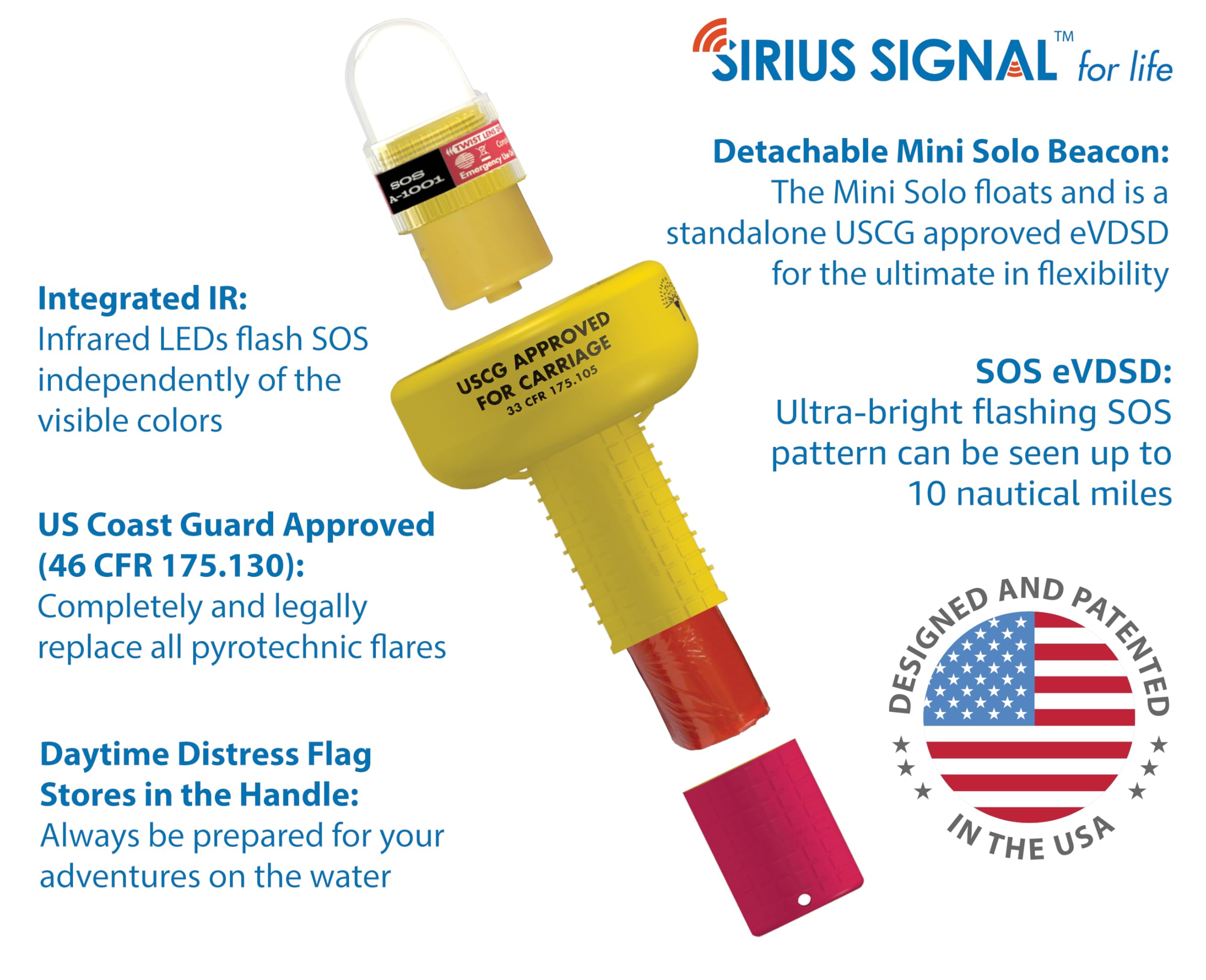 Sirius Signal A-1001 SOS LED 3 en 1 señal de emergencia con mini baliza solo, blanco e infrarrojo, aprobado por USCG, incluye soporte de pantalla, bandera diurna y silbato