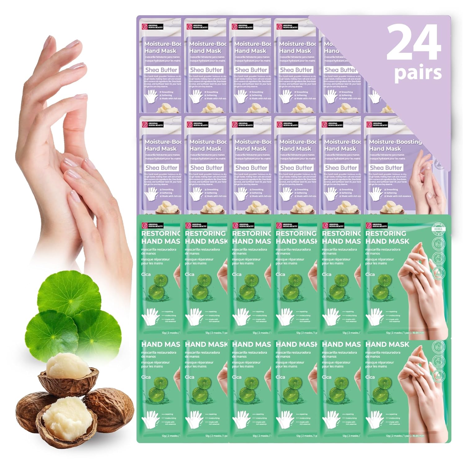 Innerest 24 PK Original Derma Beauty Hand Mask Bulk Moisturizing Korean Hand Gloves for Dry Hands Nail Care Essential, Deep Hydration Self Care Gift for Women (Shea Butter + Cica)