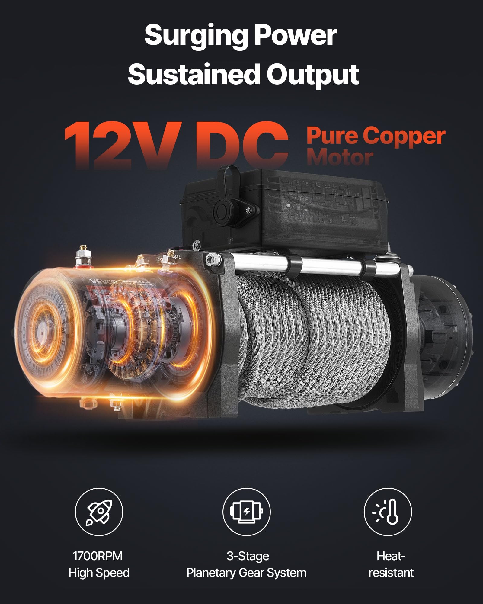 VEVOR Verricello Elettrico, Carico 6100 kg, per Camion 12 V CC con Fune in Acciaio Φ9,5 mm x 24 m, Telecomando Wireless e Cablato, IP55 Impermeabile per il Traino di SUV, Jeep, Rimorchi, Barche