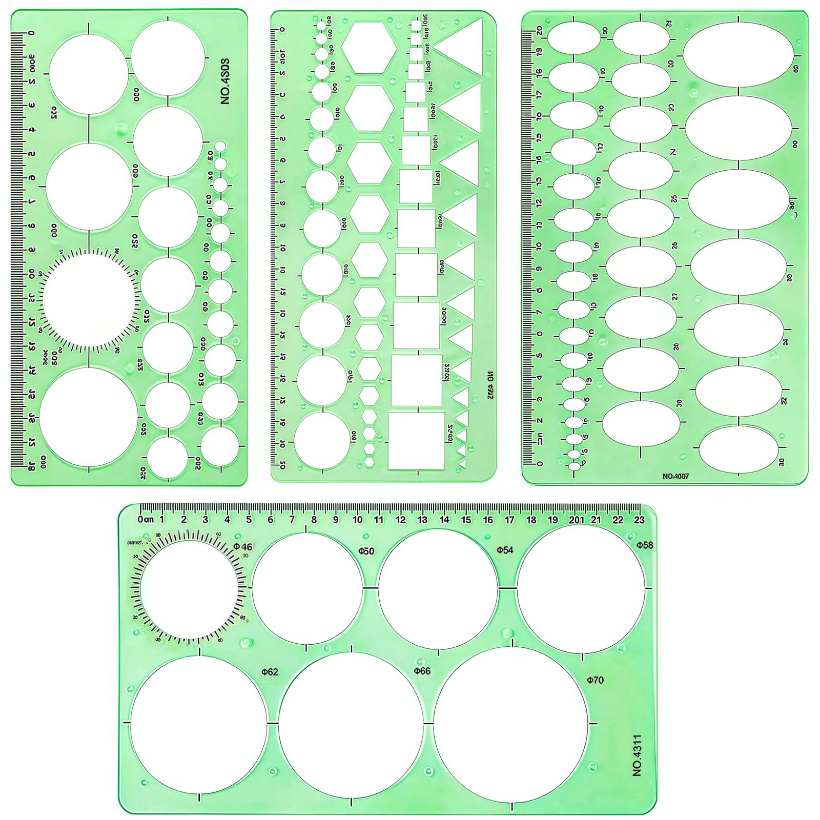 4 Piezas Plantilla Geométrica, para Dibujo Técnico, Plantillas de Dibujo con Círculos, Óvalos y Círculos Grandes, Plantilla de Plástico Transparente para Escuela Estudio Oficina