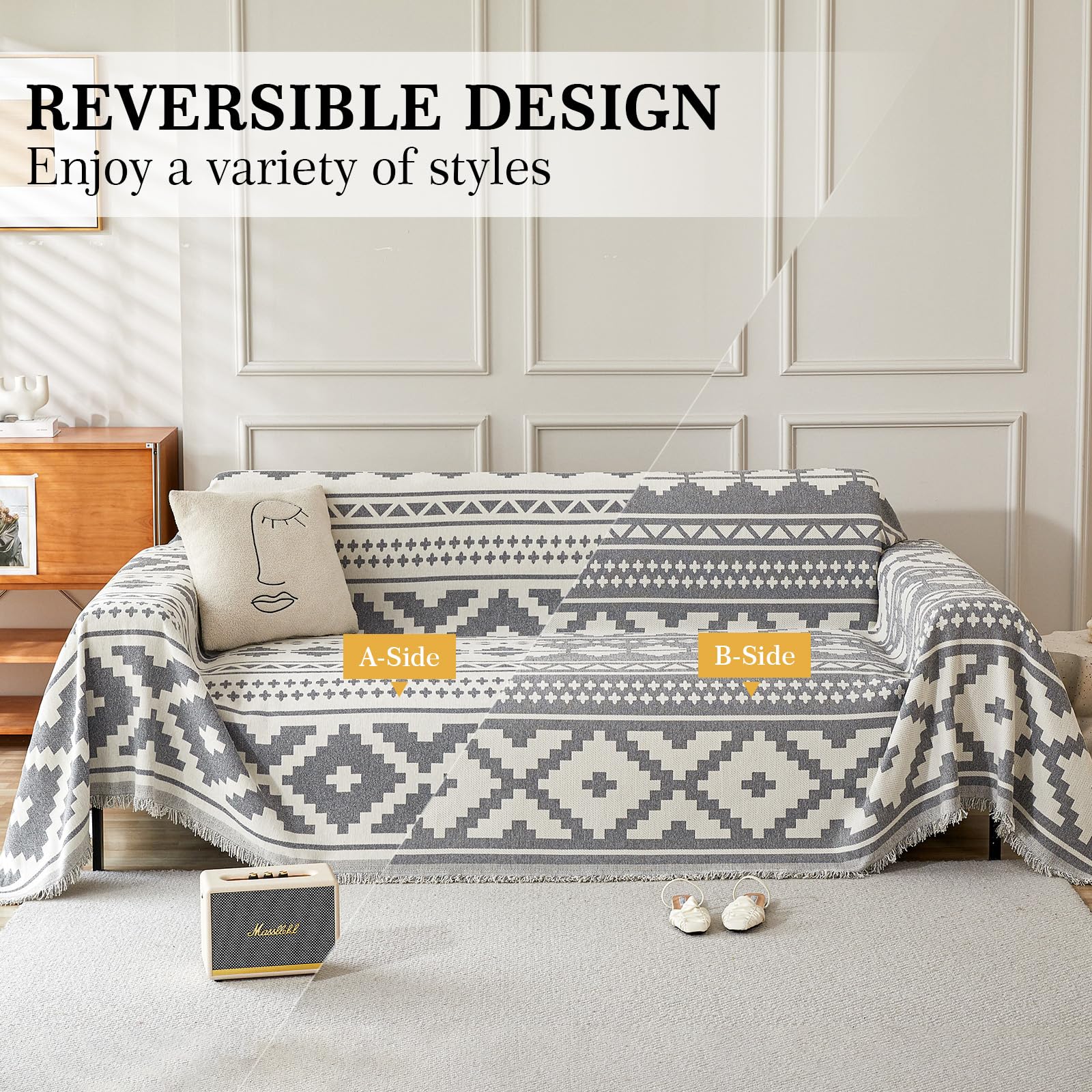LiveGo Chenille AB Sided Sofa Cover for 3 Seater, Soft Non-Slip Slipcover with Tassel - Image 3