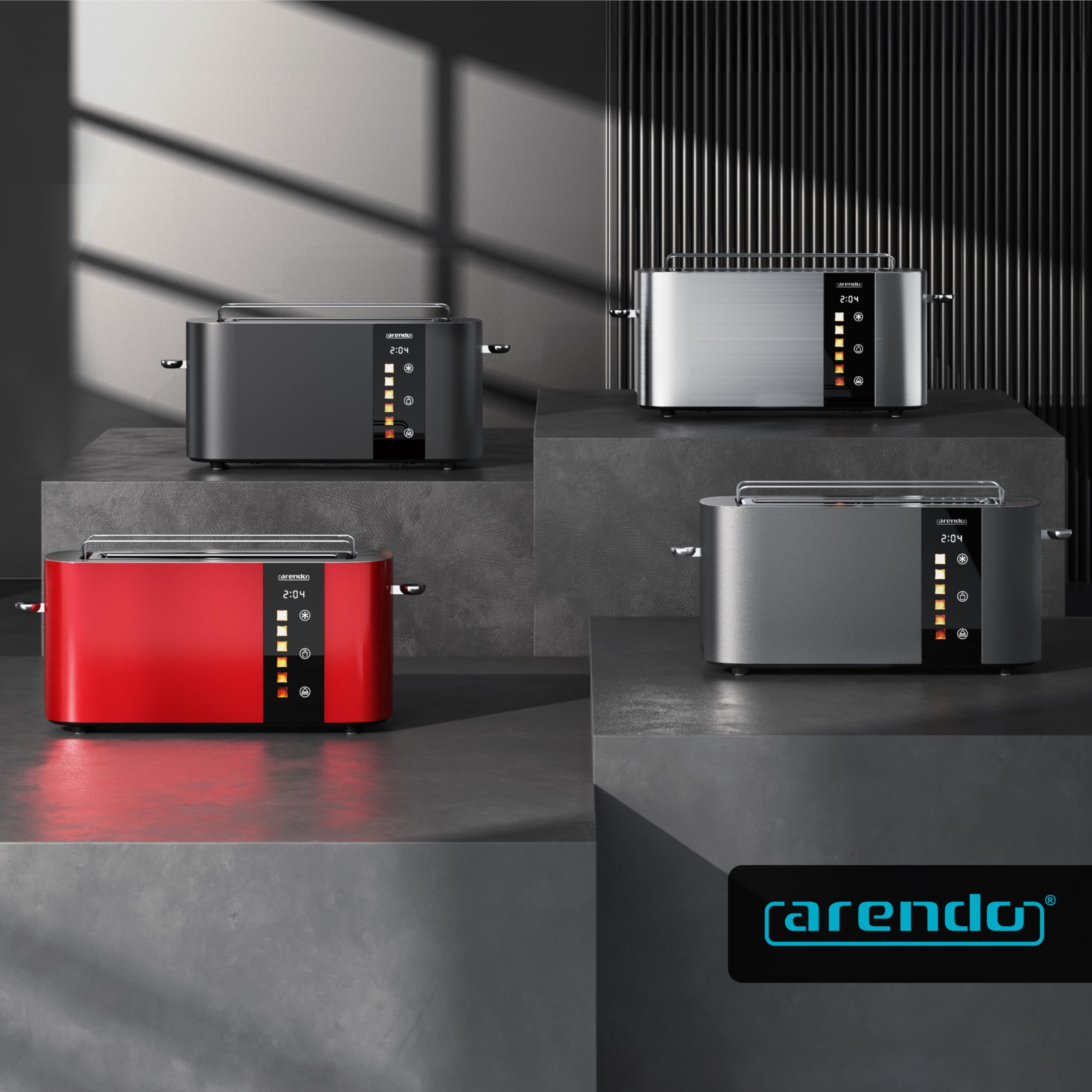 Arendo - Edelstahl Toaster 2 Scheiben Langschlitz - Touchscreen – Doppelwandgehäuse – Integrierter Brötchenaufsatz – 6 Bräunungsgrade – Brotzentrierung – Restzeitanzeige – Memoryfunktion - Silber