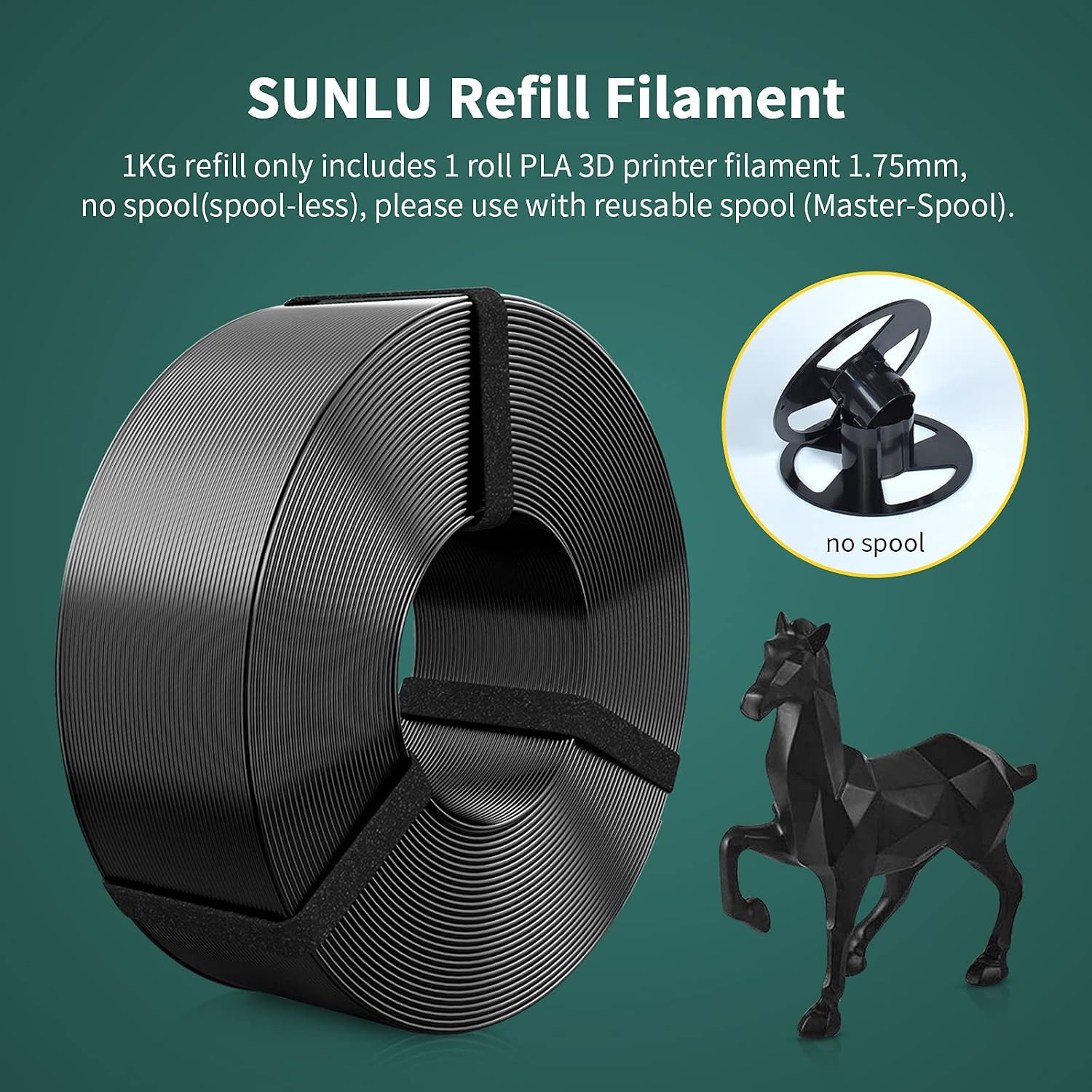 PLA Filament 1.75mm, SUNLU PLA 3D Printer Filament Refill, PLA 1.75 Spool-Less Filament, Dimensional Accuracy +/- 0.02mm, 1kg Spool(2.2lbs), No Spool, PLA Black