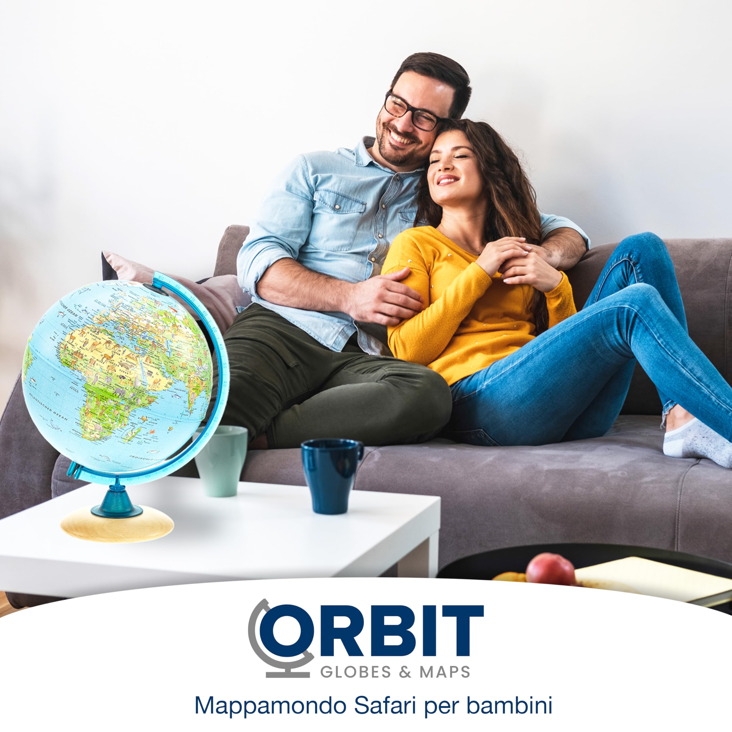 Mappamondo per bambini, Globo luminoso per bambini, diametro 25 cm, con tante illustrazioni interessanti, base di legno chiaro, testo in italiano