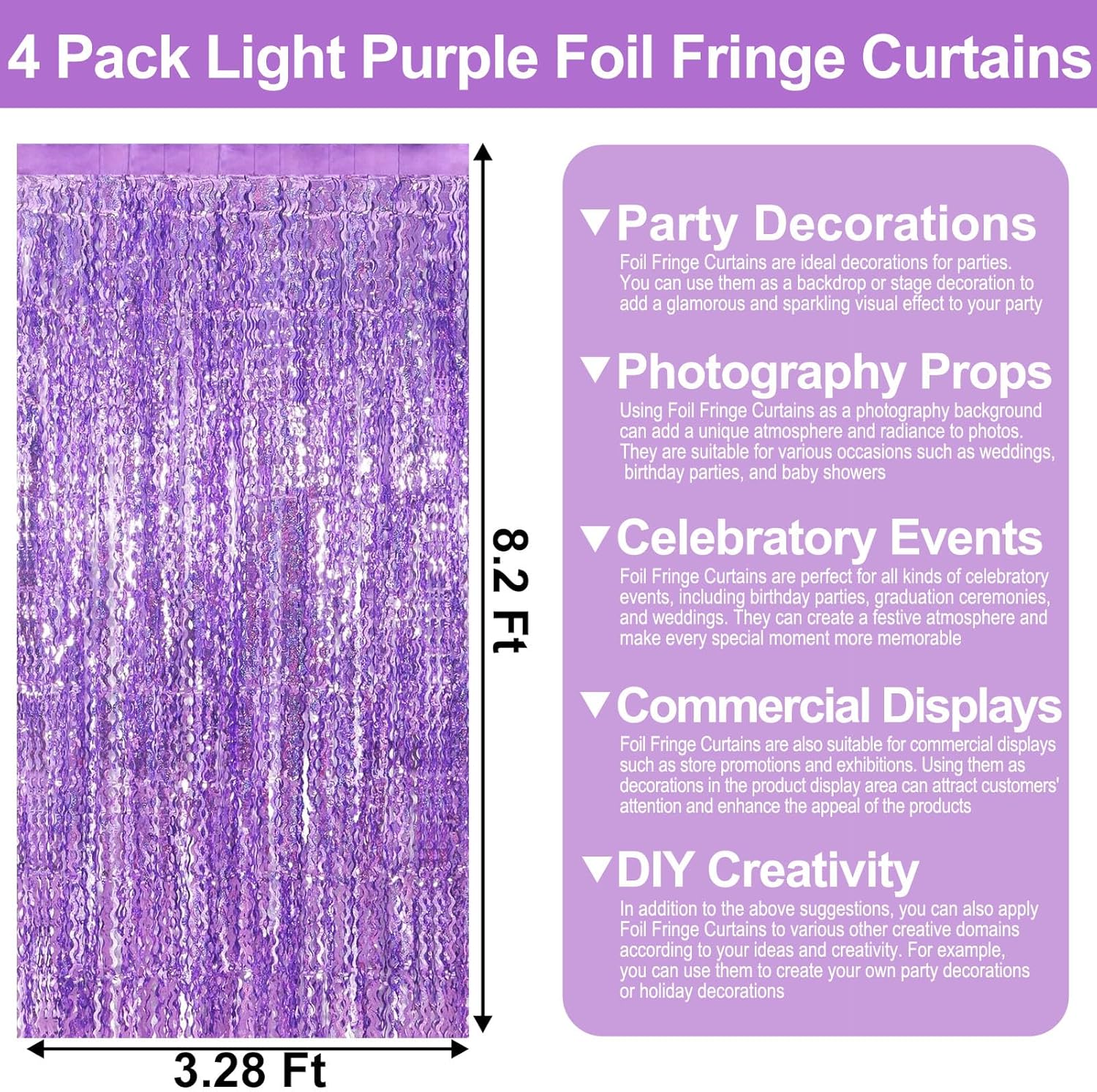 4 Pack Light Purple wave Foil Fringe Curtain Backdrop, 3.28Ft x 8.2Ft Metallic Tinsel Foil Fringe Streamer Curtains for Photo Booth, Mother's Day, Easter, graduate, Wedding, Birthday Party Decoration