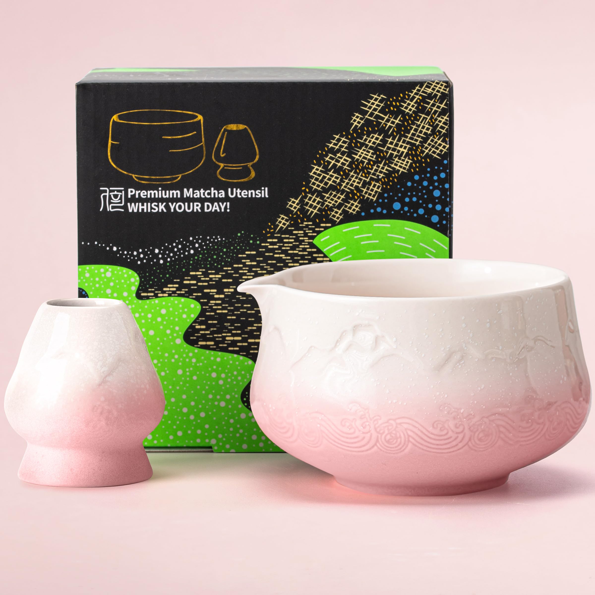 TEANAGOO Matcha Schale mit Ausgießer,2-Pcs Fuji Design Keramik Schale und Schneebesen Halter(chawan),18.9oz/560ml Rosa Matcha Schale mit Ständer, Geschenk-Set für Freund/Familie