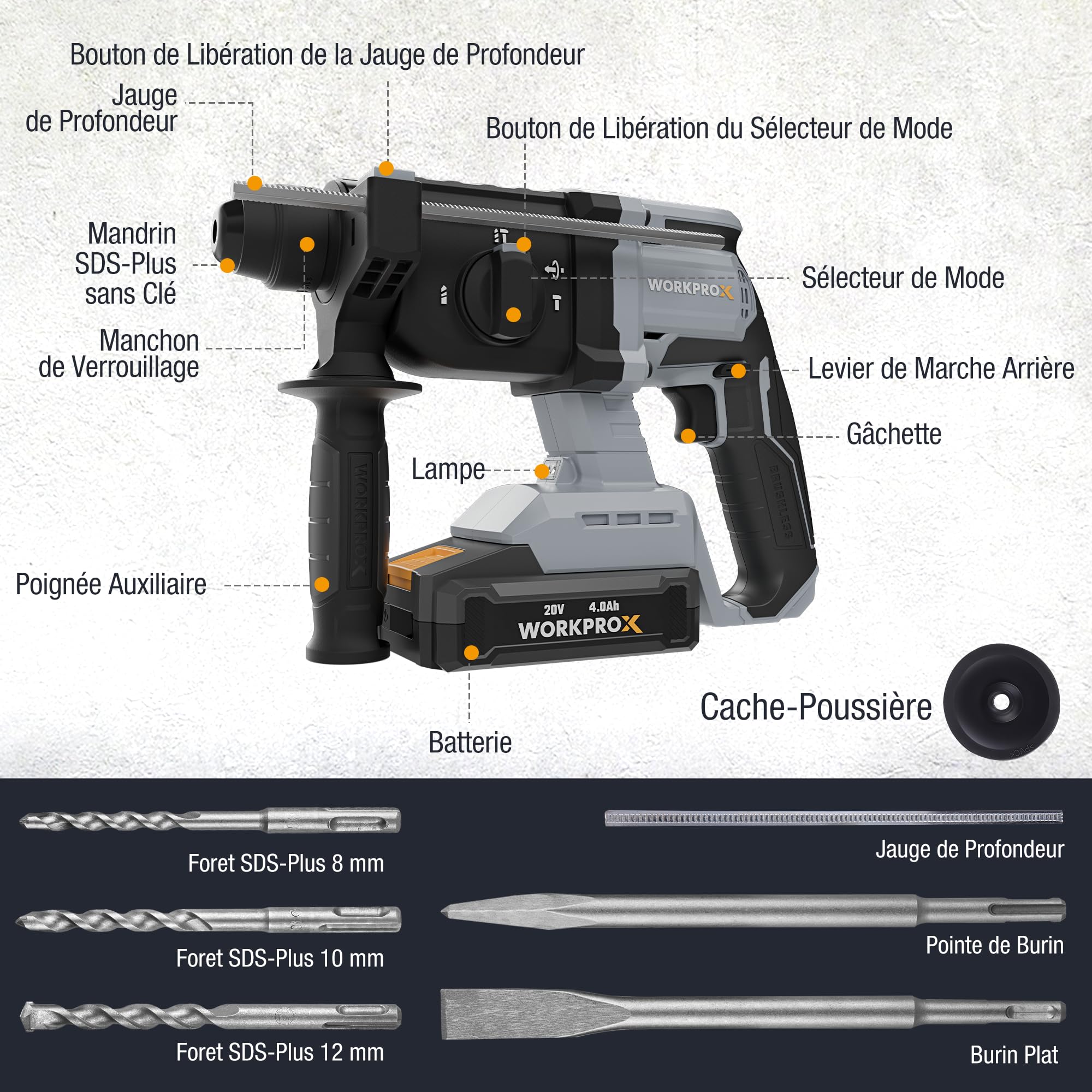 WORKPROX Marteau Perforateur sans Fil 20V | Perceuse à Percussion SDS-Plus, 4 Fonctions Polyvalentes pour Perçage et Burinage