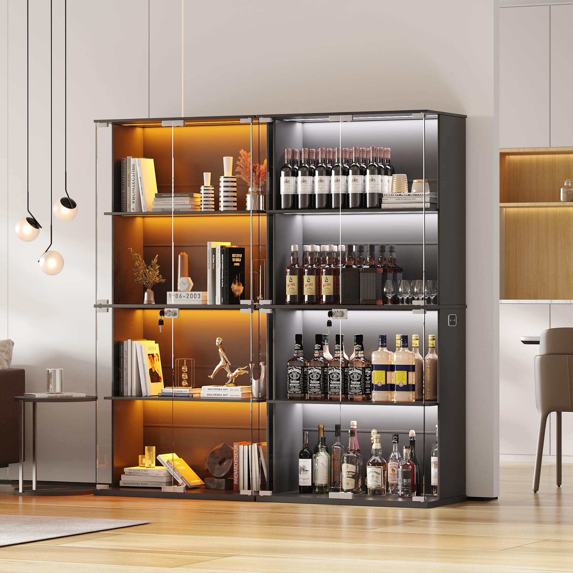 Lvifur Vitrine mit LED Beleuchtung und Glastüren für Sammlerstücke,Wein,35×70×168cm 4-Lagen Glasvitrine Vitrinenschrank mit Intelligente Sensorik für Wohnzimmer Schlafzimmer,Schwarz