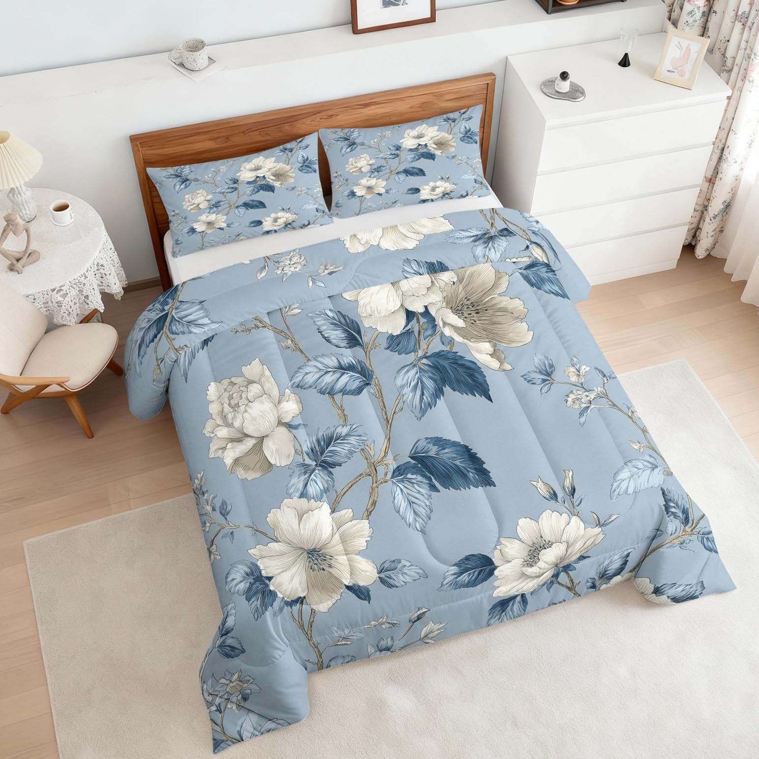 Coverless Duvet King Size Blue Floral Pattern, Bedroom Decor, Gift, Flower Bedding Comforter Set 3 Piece, 2 Pillowcases, Soft All Season Quilt 10.5 Tog - S&E1265