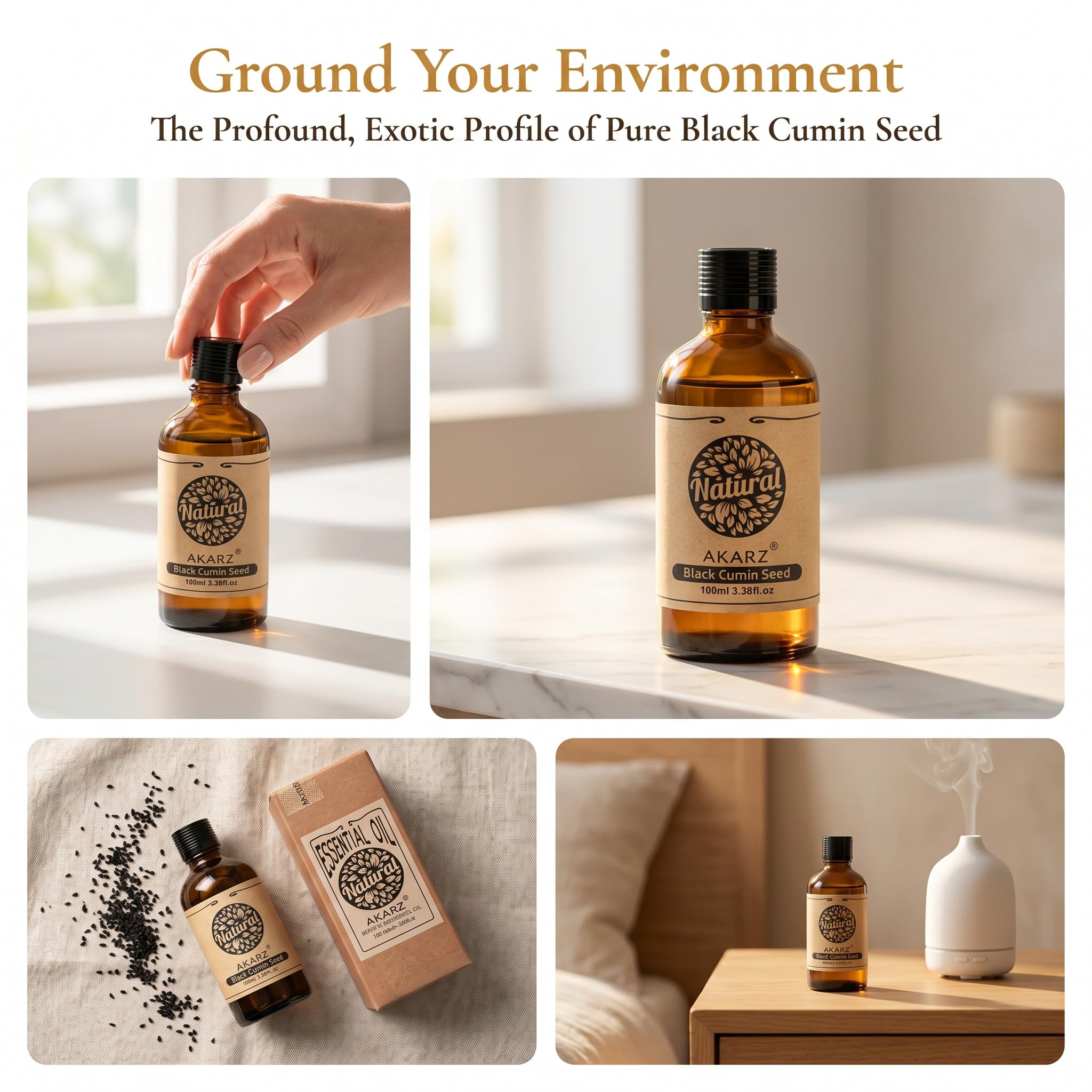 AKARZ 100ml Olejek esencjny z Nasiona Czarnego Kminu - Naturalny olejek aromatyczny do dyfuzorów, lamp aromatycznych i aromatów pomieszczeń