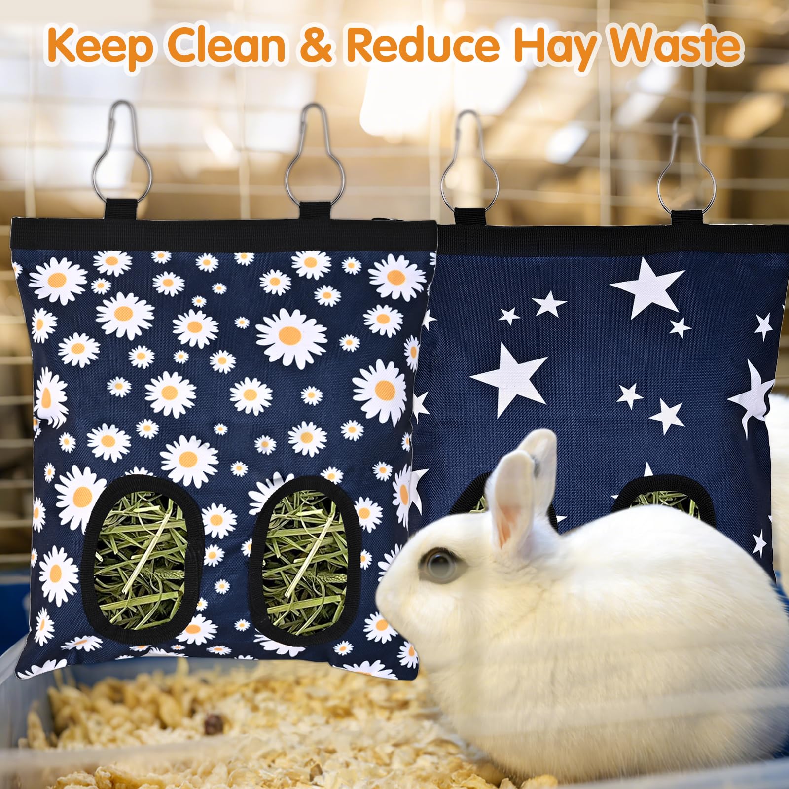 Upgraded Rabbits Hay Feeder Bag for Bunny, Guinea Pigs, Chinchillas - Hanging Washable 2-Hole Hay Dispenser with 600D Oxford Fabric, Small Animal Cage Accessories (Blue Star) - image 6