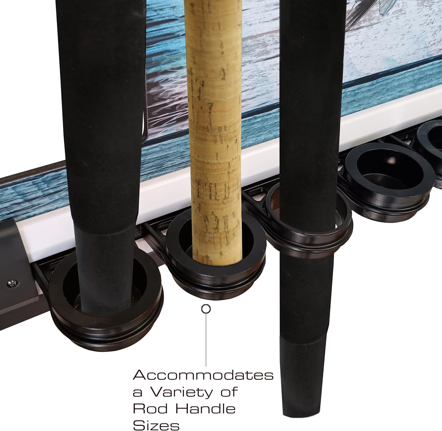 Rush Creek Creations - Guy Harvey 8 Bass Fishing Rod Holder for Garage, Wall Rack or Ceiling Mount Fishing Pole Holder, Vertical/Horizontal Wall Mounted Fishing Gear, Rod & Pole Storage Rack Organizer