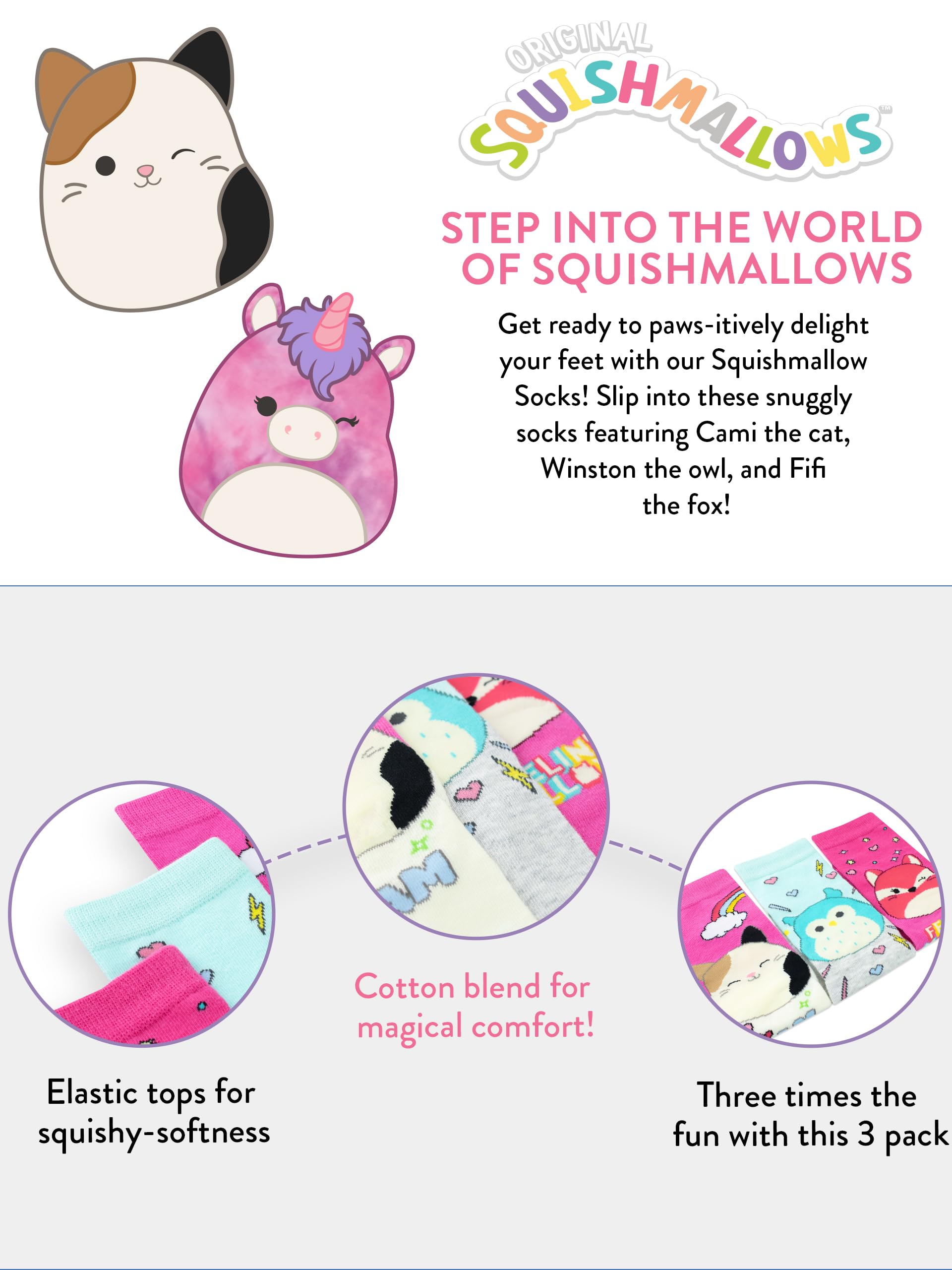 Squishmallows Socks | 3-pak Dziecięcych Skarpetek z Bawełny | Skarpetki Squish Squad dla Dziewcząt, 3 Sztuki