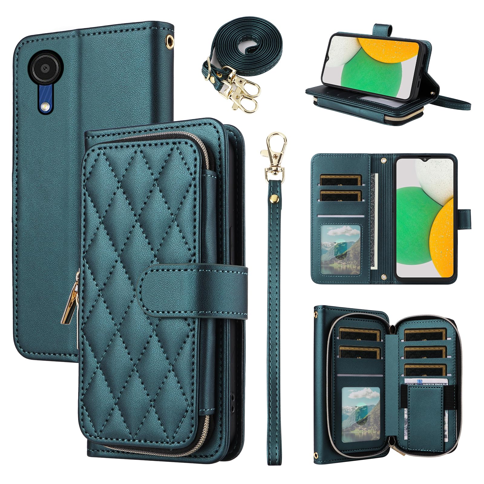 Furiet Wallet Case for Samsung Galaxy A22 5G/Boost Mobile Celero 5G with Wrist Strap, Shoulder Strap, 9+ Card Slots Zipper Purse, Leather Stand Phone