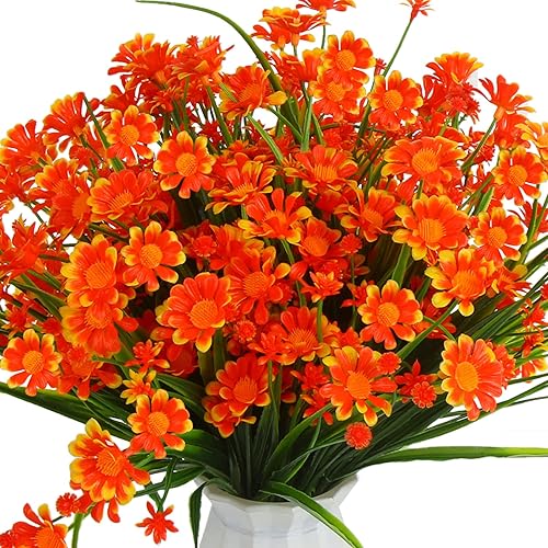 KIMOBER 8 paquetes de flores artificiales de margaritas, arbustos de vegetación falsos de plástico para interiores y exteriores, decoración del