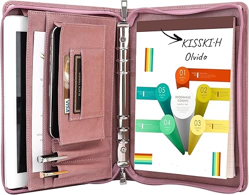 KISSKI H Olvido - Carpeta A5 para mujer, carpeta de cuero vegano con 6 anillos, organizador de documentos de cuero de negocios de 10.62 x 7.67