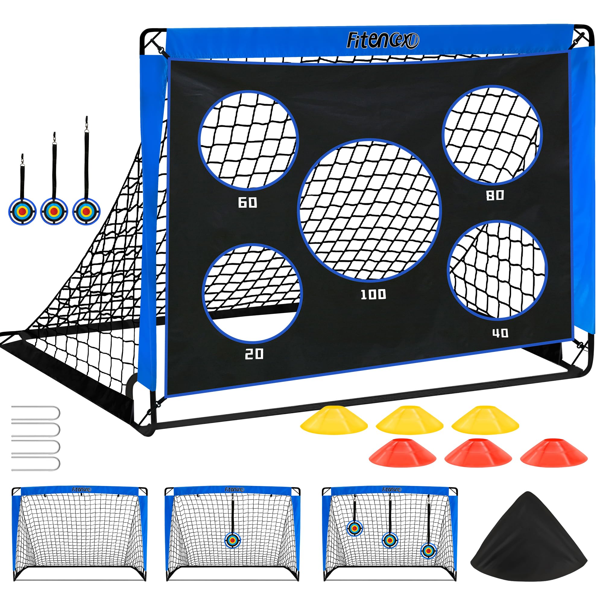 Fußballtor Kinder - 3-in-1 Pop Up Tor mit Torwand | Goal für Garten, Park & Strand | Outdoor Fussballtore mit 5 Schusslöchern, 3 Zielscheiben & 6 Hindernissen | inkl. Tasche & Bodennägel