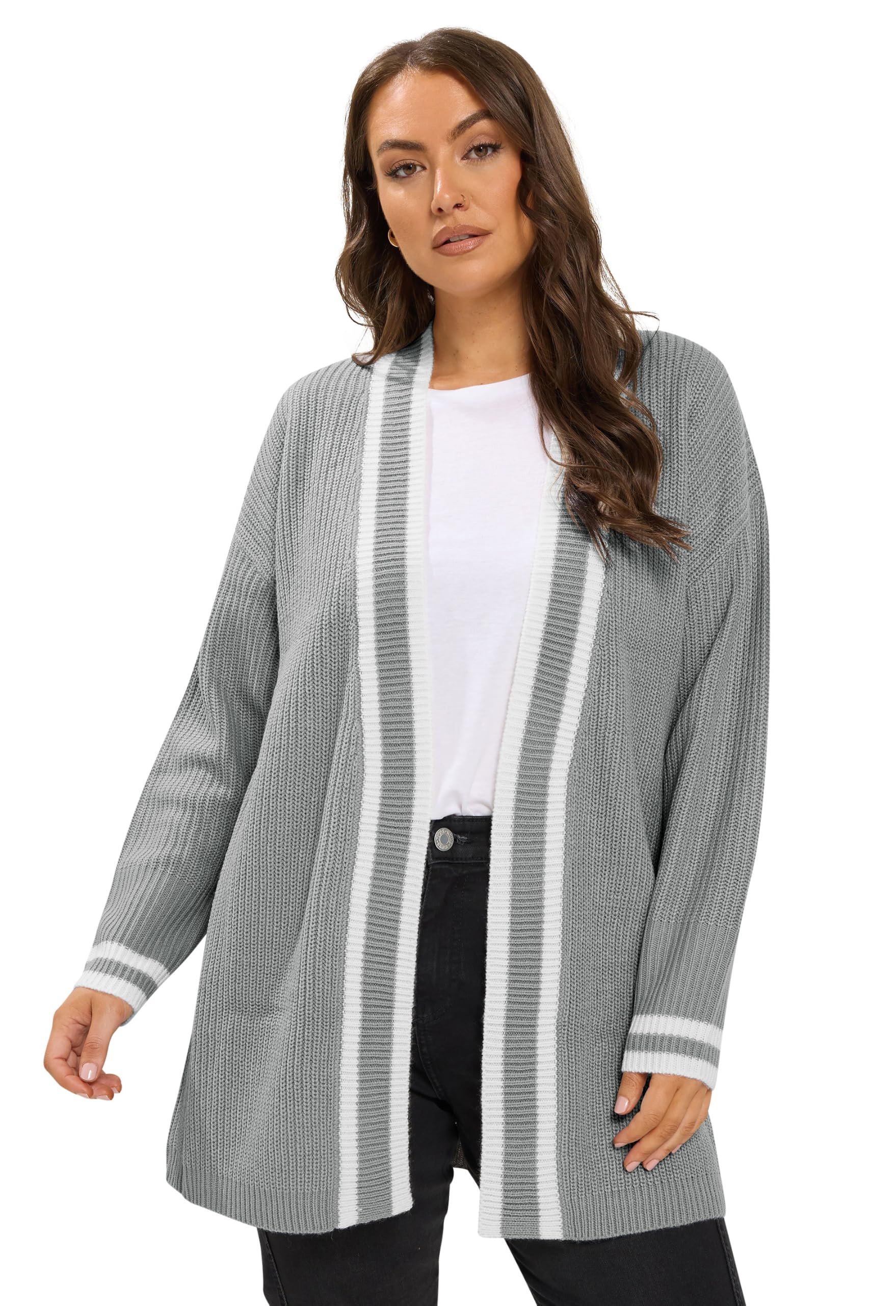 Yours Women's Light Grey Contrast Edge Cardigan Sweater In | : 30/32