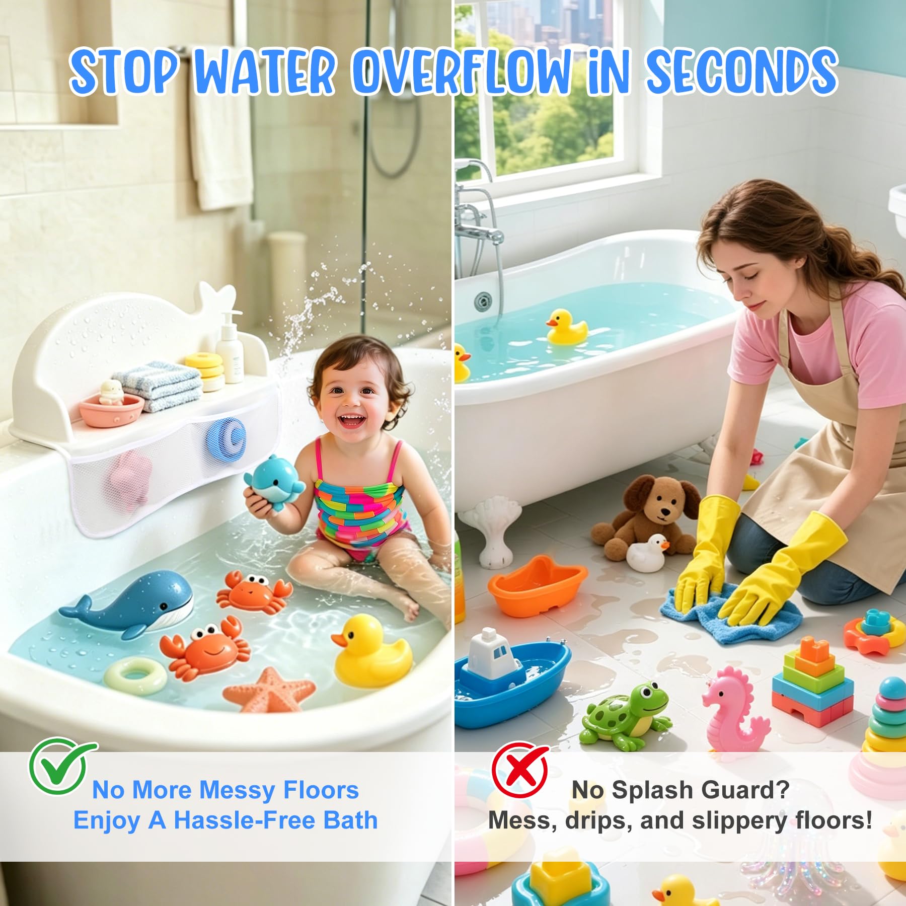 MCGMITT Badewannenspritzschutz 2er Set, Silikon Wasserbarriere für Kinder Badewanne, Badewannen Organizer mit 130 starken Saugnäpfen und Aufbewahrungsnetzen für Badespielzeug (Weiß + Grau)