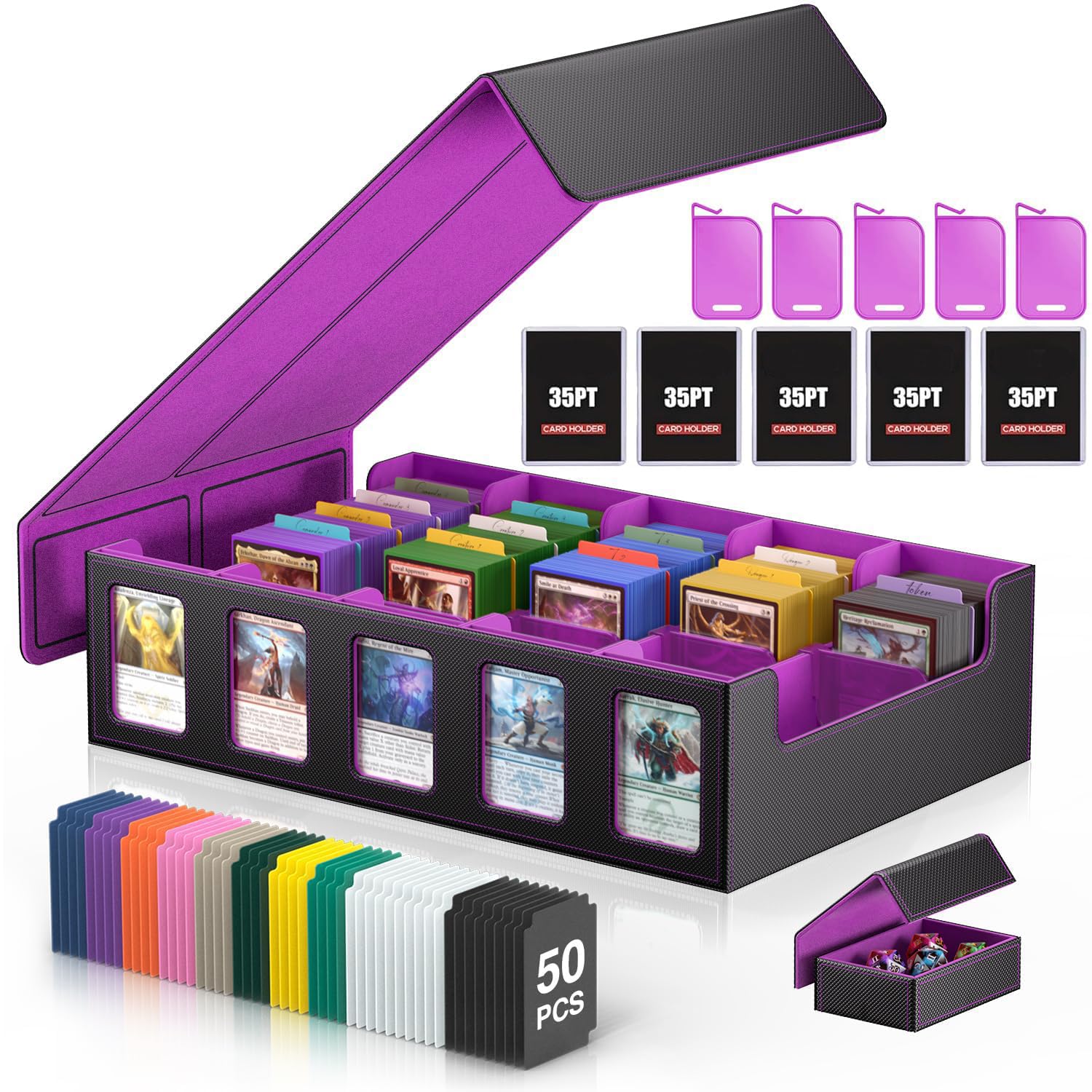 Boîte rangement cartes MTG avec vitrine Commander, 3900+ cartes, deck box 5 compartiments avec couvercle amovible, organiseur TCG PTCG cartes sport, compatible Toploader, 50 séparateurs (Violet)