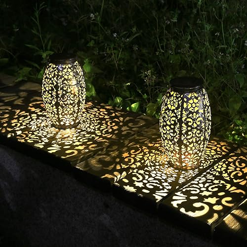 Kaixoxin Solar Lantern Lights for Hanging or Table Outdoor Solar Light for Patio Courtyard Garden (Silver-1) (Set of 2)