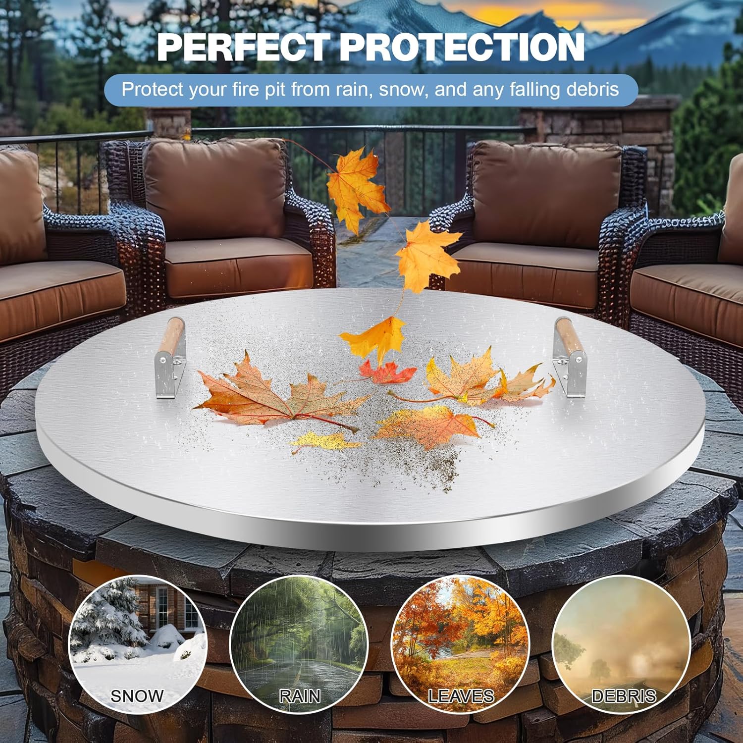 Fire Pit Lid Round - 34" Stainless Steel Rust Resistant Firepit Cover or Table with 2 Wooden Handle for Patio Fire Pit, Weatherproof for All Seasons, Fits Fire Pits Up to 32"
