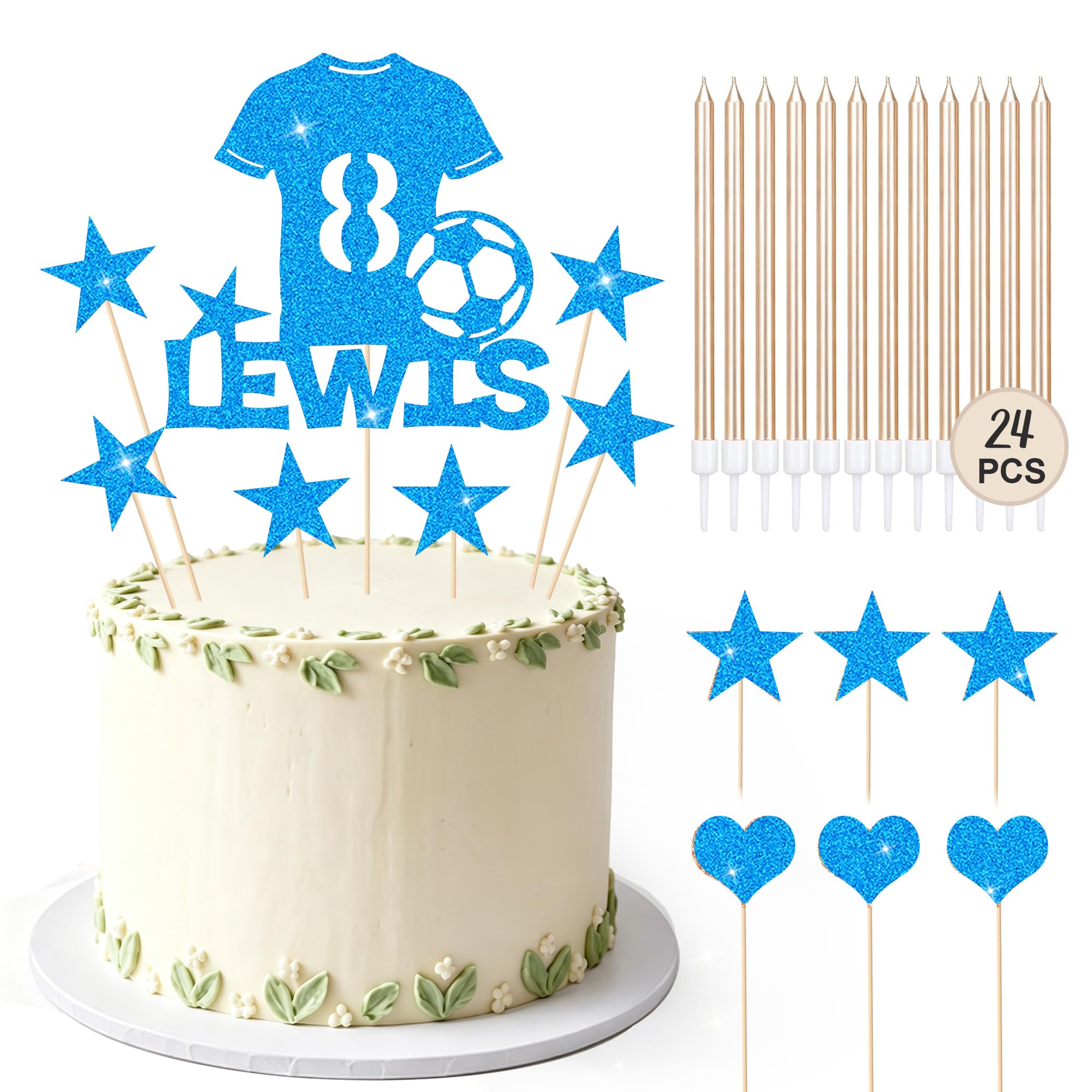 Football Cake Topper with 24 Candles Personalised Birthday Cake Decorations Football Gifts for Kids Boys Men Husband Daddy Grandpa Football Lovers Cake Toppers (Blue with 24 Candles)