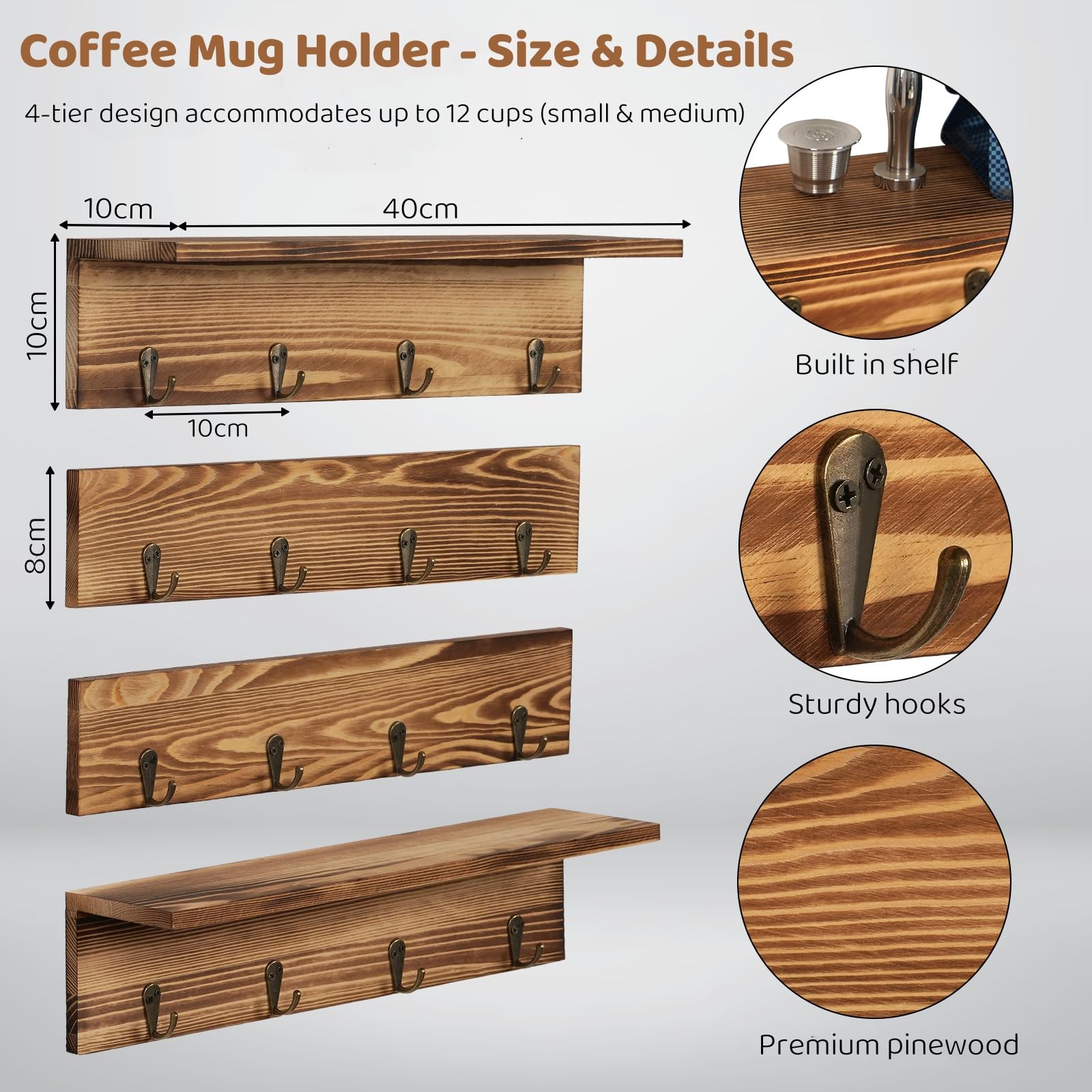 Porte-tasses Rustique Mural - Étagère Suspendue Avec 16 Crochets - En Bois Pour Tasses à Café - Lot de 4 - Pour Cuisine, Salle de Pause et Couloir