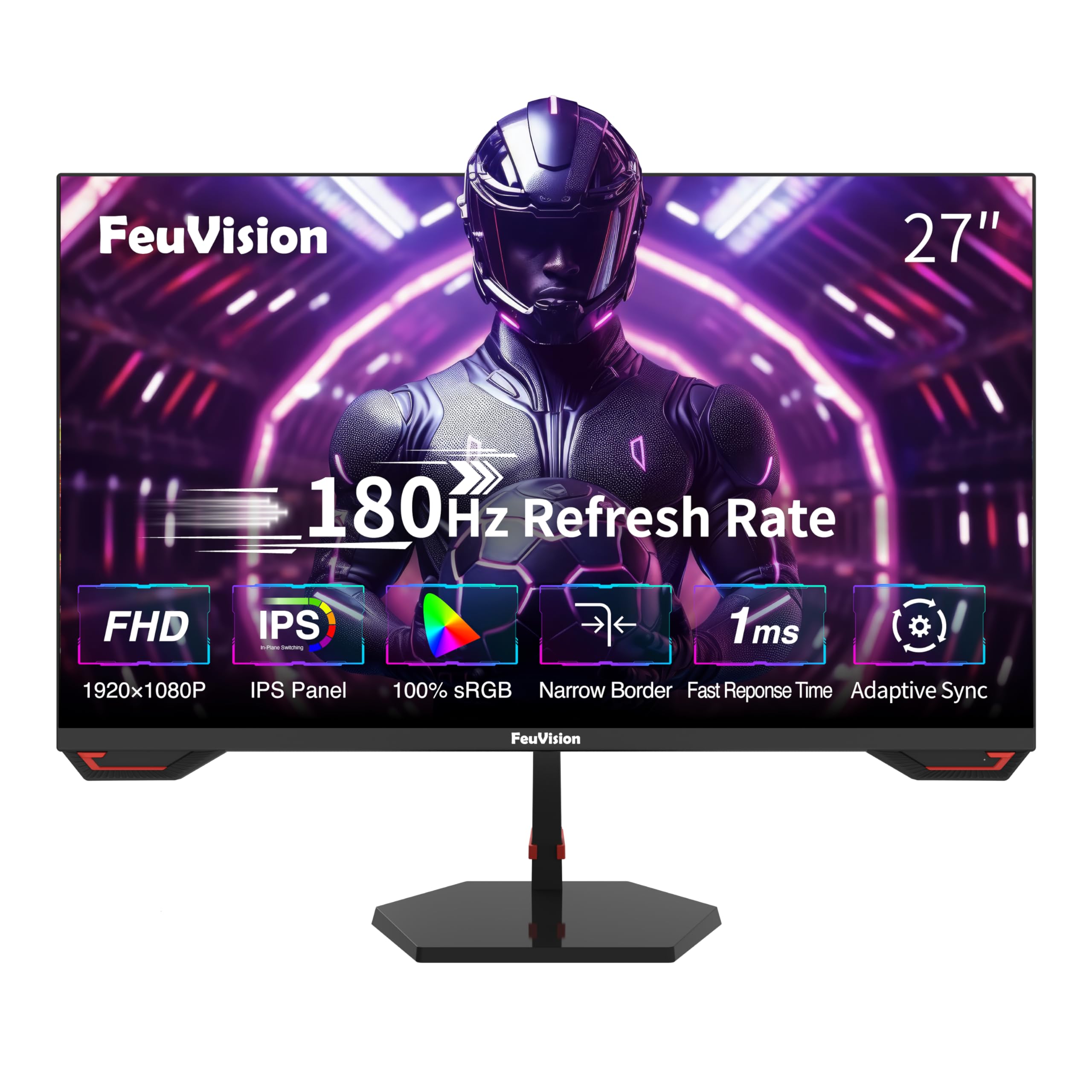 FeuVision 27 Zoll Gaming Monitor, 180Hz, FHD 1080p PC Monitor, 1ms, IPS Panel, FreeSync, Adaptive-Sync, VESA montierbar, Eye-Care, 100% sRGB, Rahmenlos Bildschirm, HDMI*1, DP*1