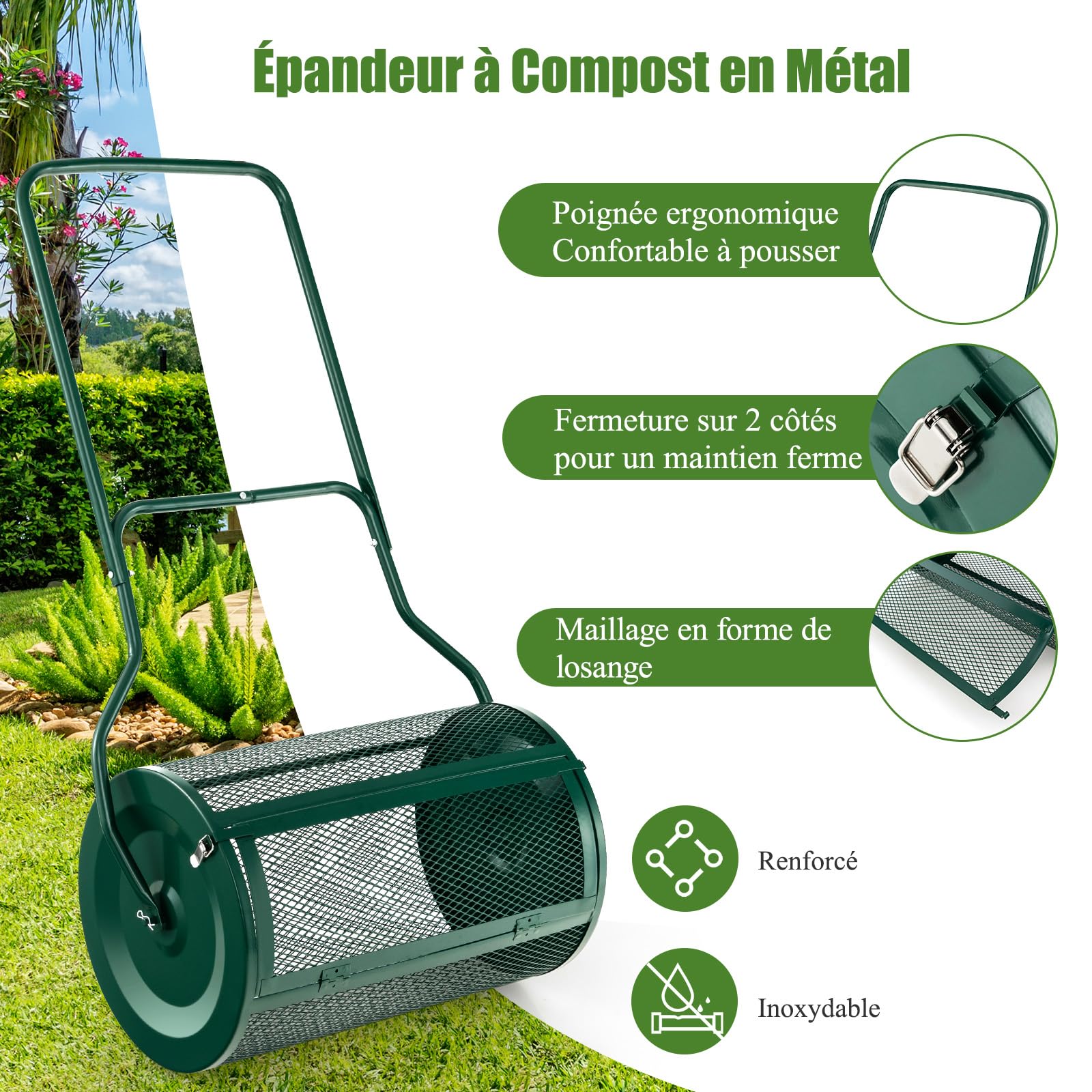 SOARS Rullo Spargiconcime Prato da 80L, Spargiconcime a Rullo Ø39 x 68 cm con Manico e Cestello in Rete Metallica, Spargiterriccio da Giardino per Concimazione e Semina (Verde)