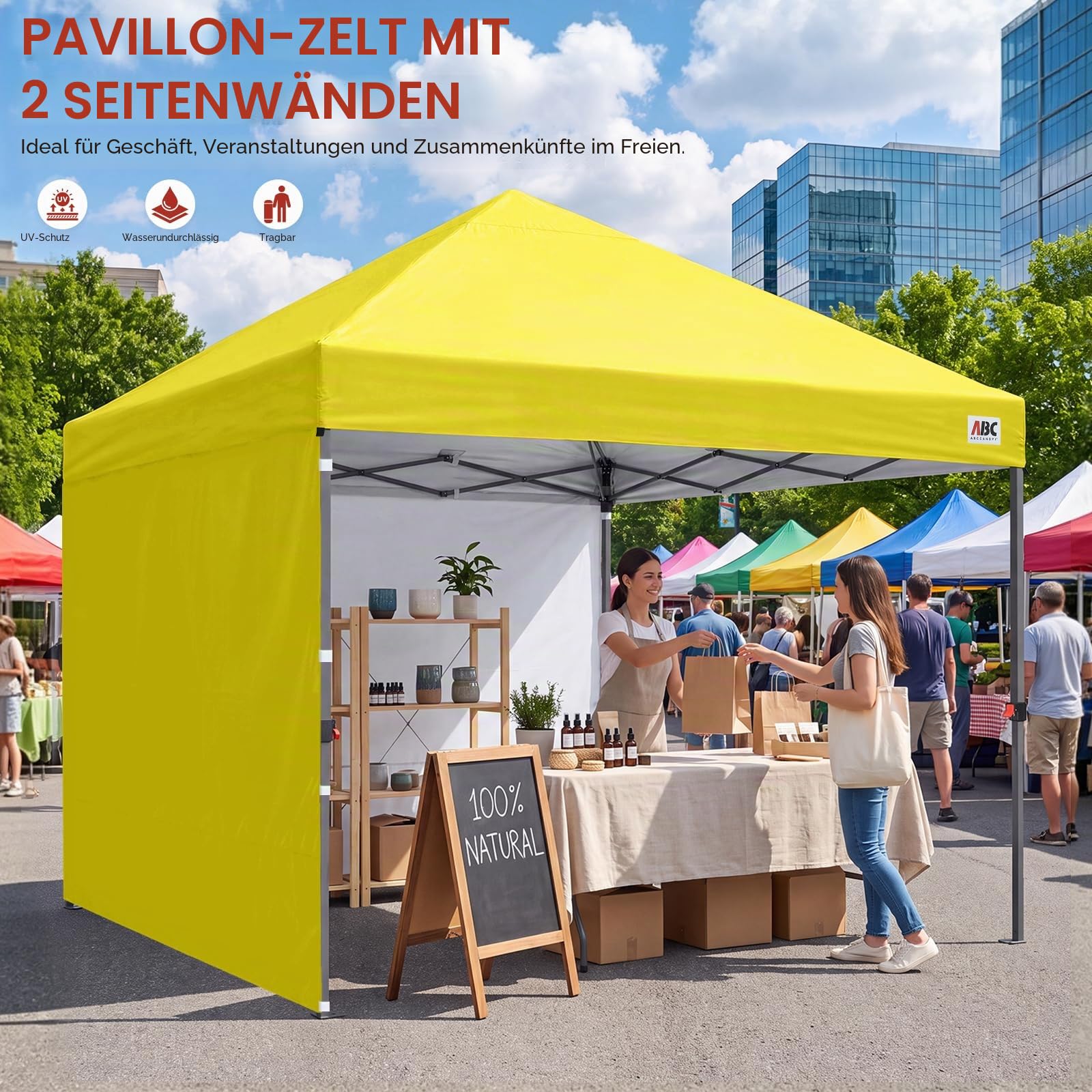 ABCCANOPY Faltpavillon UV50+ mit 2 Seitenwänden, Gelb 300 cm | 500D Polyester,wasserdicht, 4 Sandsäcke & Rolltragetasche – für Garten & Camping