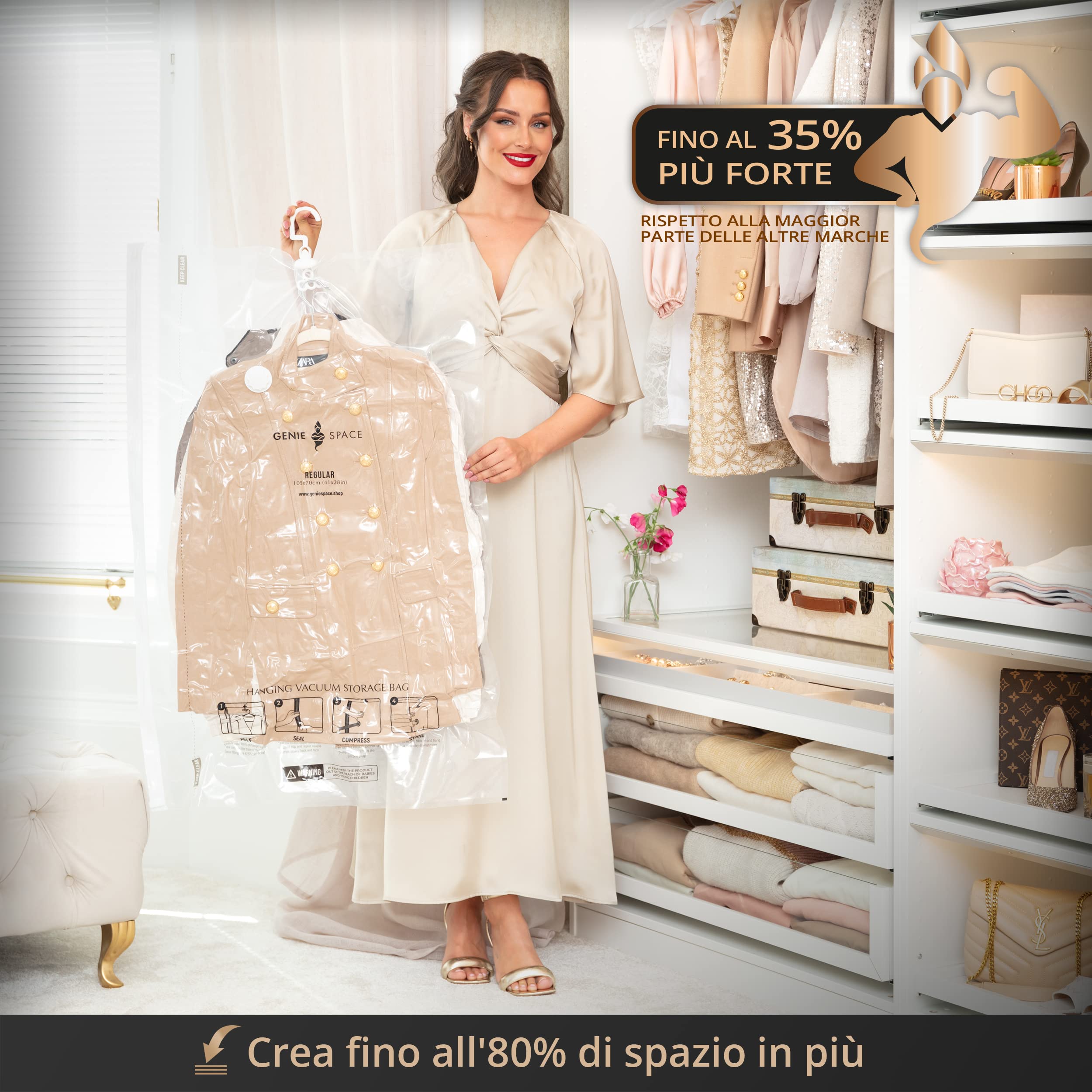GENIE SPACE Sacchetti Sottovuoto Appendibili Premium per Abiti, Giacche e Cappotti, REGULAR 105×70 cm (5 Pezzi) con Pompa da Viaggio – Riutilizzabili, Ermetici e Anti-odore per Guardaroba e Armadi