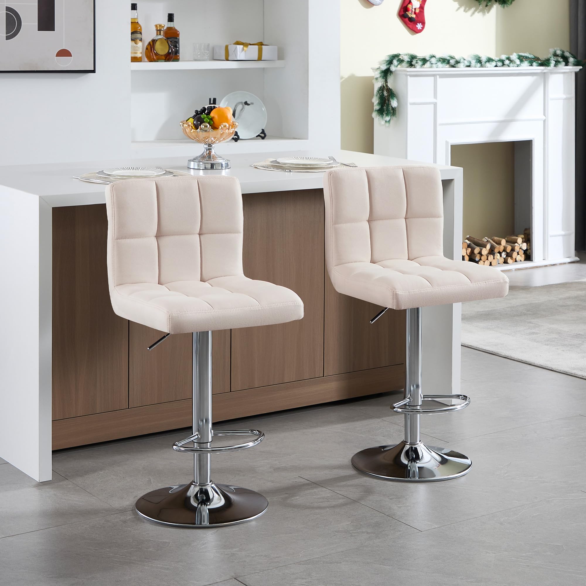 WOLTU Coppia Sgabelli da Bar, Sedia Alta Cucina con Schienale e Poggiapiedi, Moderni Design Sgabello Altezza Regolabile e Girevole, per penisola cucina, Bancone, Tessuto di Lino, Crema