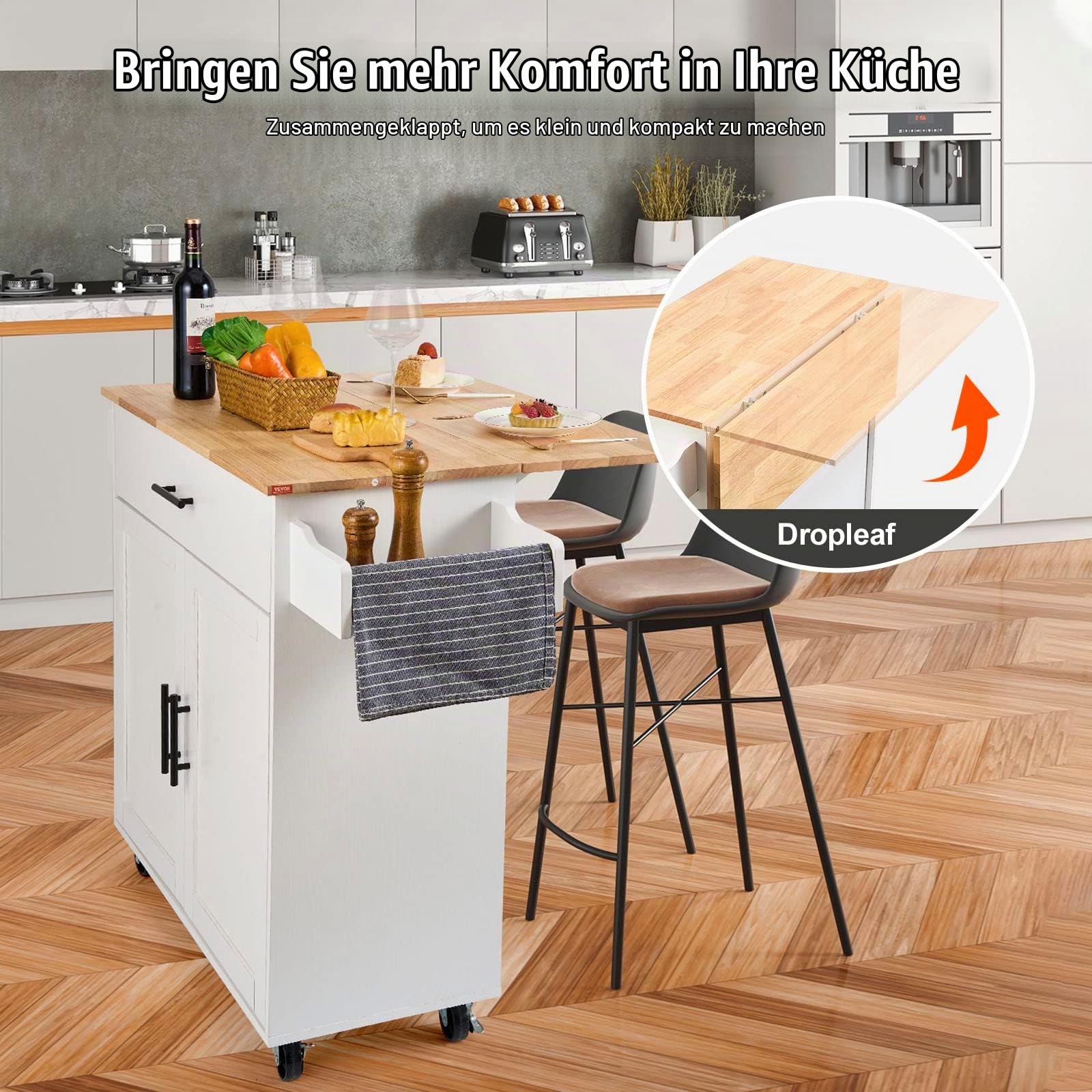 VEVOR Servierwagen Küchenwagen 1190 x 695 x 905 mm, 90,7 kg Belastbar Kücheninsel Küchenschrank, Rollwagen Küchentrolley mit Handtuchhalter & 1 Schubalde, Mikrowellenschrank Küchenrollwagen Massivholz