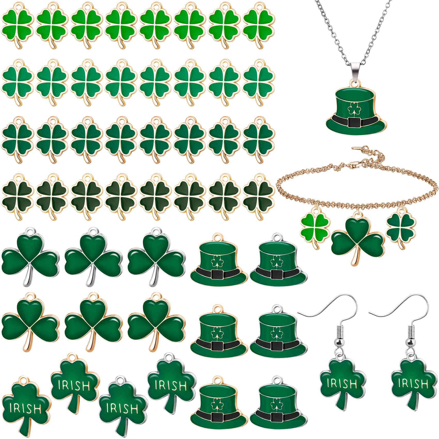 PAGOW 48pcs St. Patrick's Day Shamrock Charm Pendants, Green Shamrock Shape Assorted Four-Leaf Charm, Assorted Size Enamel Clover Beads for Necklace, Ankle, Jewelry DIY Making（4 Styles）